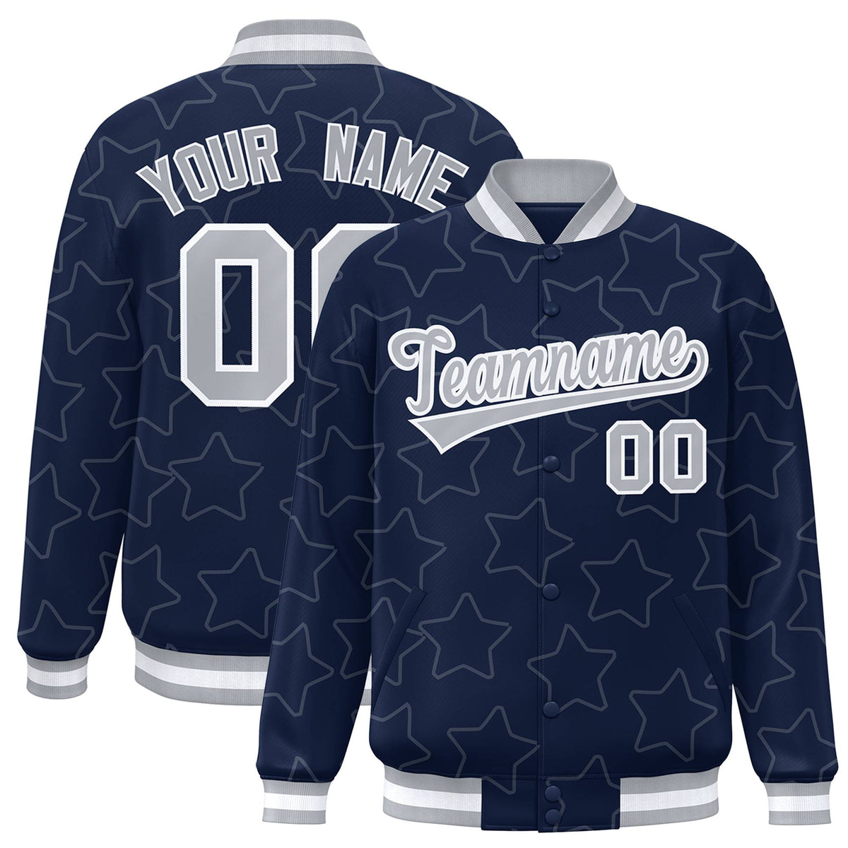 Custom Navy Gray-White Varsity Full-Snap Star Pattern Letterman Baseball Jacket