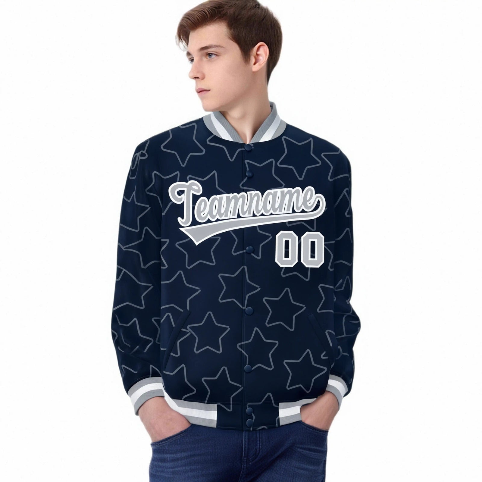 Custom Navy Gray-White Varsity Full-Snap Star Pattern Letterman Baseball Jacket