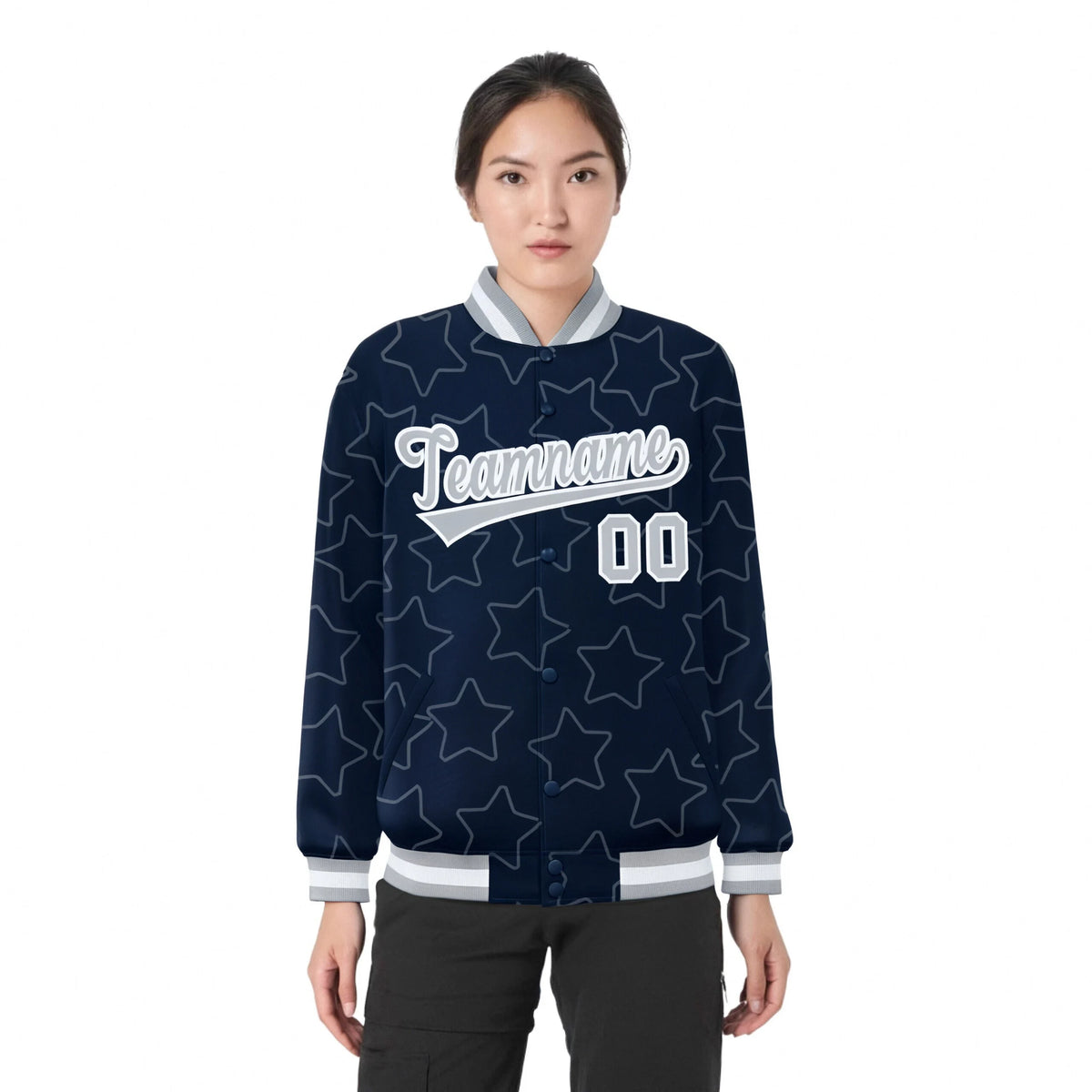 Custom Navy Gray-White Varsity Full-Snap Star Pattern Letterman Baseball Jacket