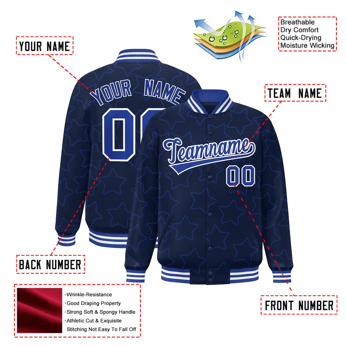Custom Navy Royal Blue-White Varsity Full-Snap Star Pattern Letterman Baseball Jacket