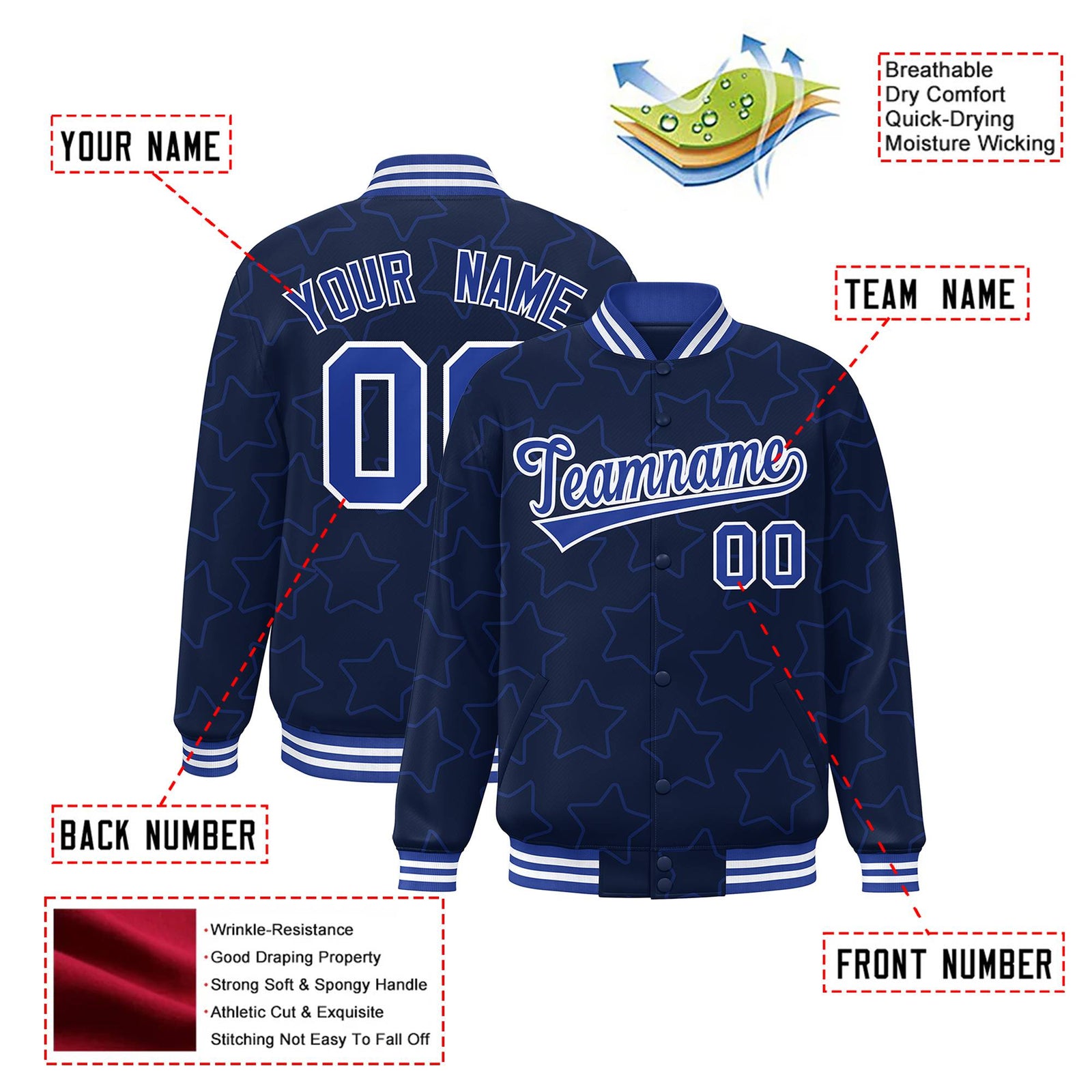 Custom Navy Royal Blue-White Varsity Full-Snap Star Pattern Letterman Baseball Jacket