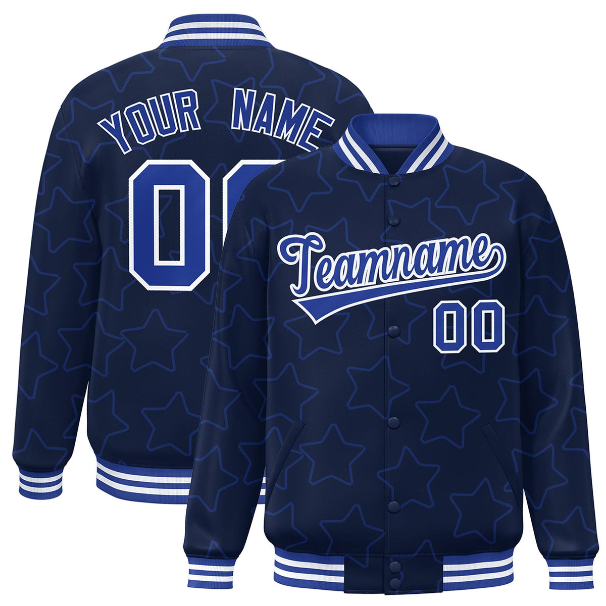 Custom Navy Royal Blue-White Varsity Full-Snap Star Pattern Letterman Baseball Jacket