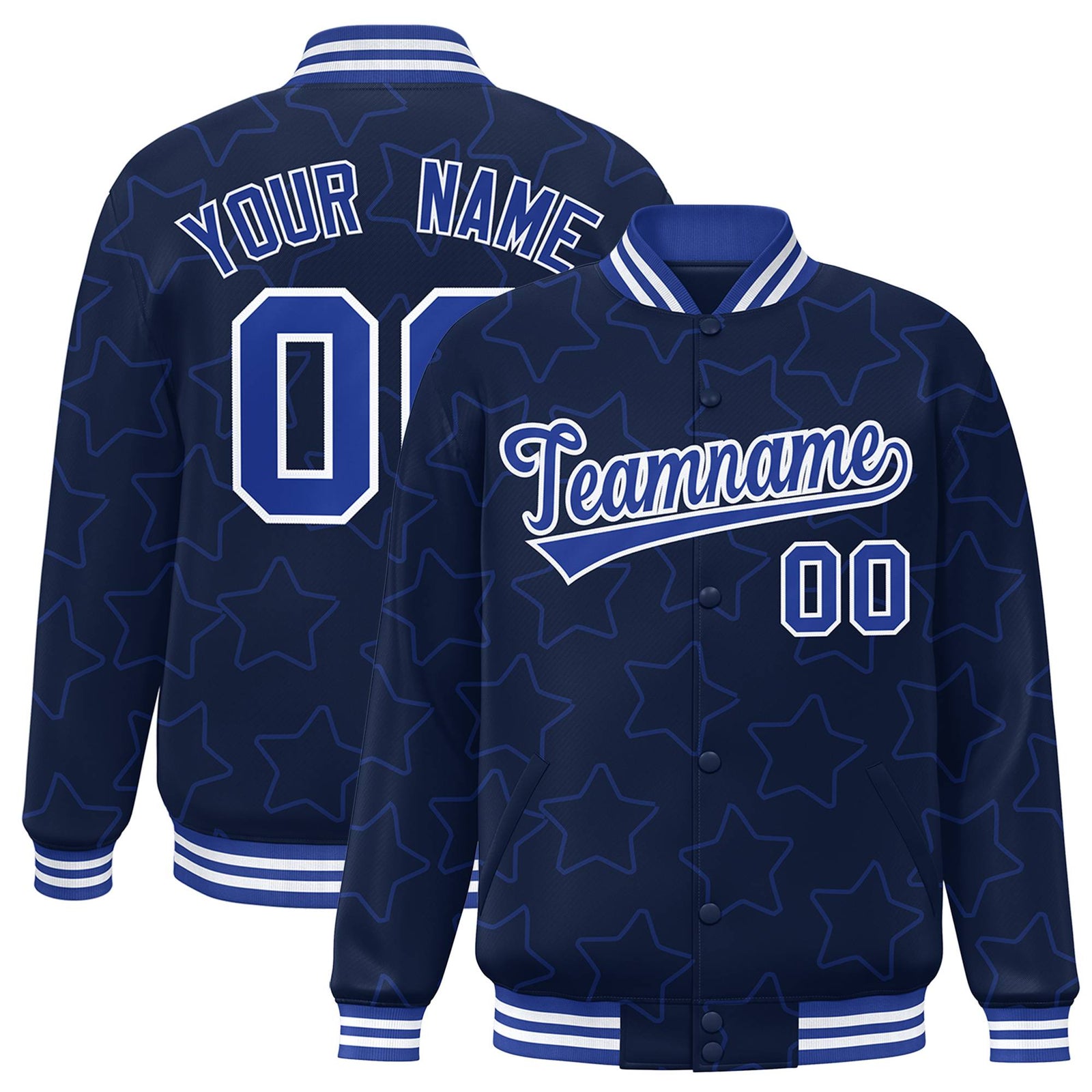 Custom Navy Royal Blue-White Varsity Full-Snap Star Pattern Letterman Baseball Jacket