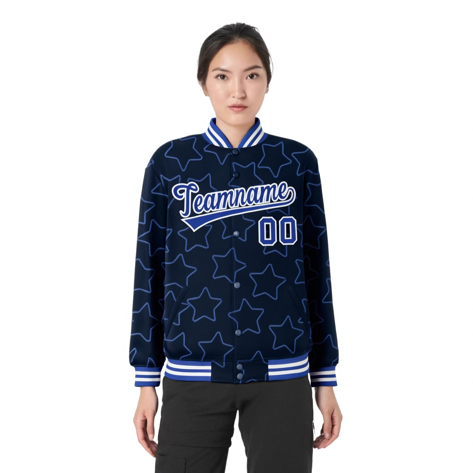 Custom Navy Royal Blue-White Varsity Full-Snap Star Pattern Letterman Baseball Jacket