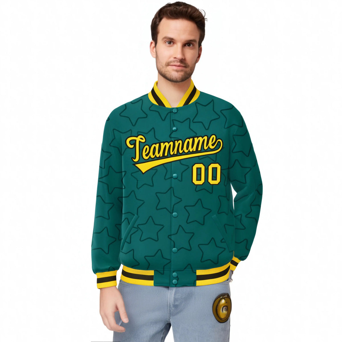 Custom Aqua Gold-Black Varsity Full-Snap Star Pattern Letterman Baseball Jacket