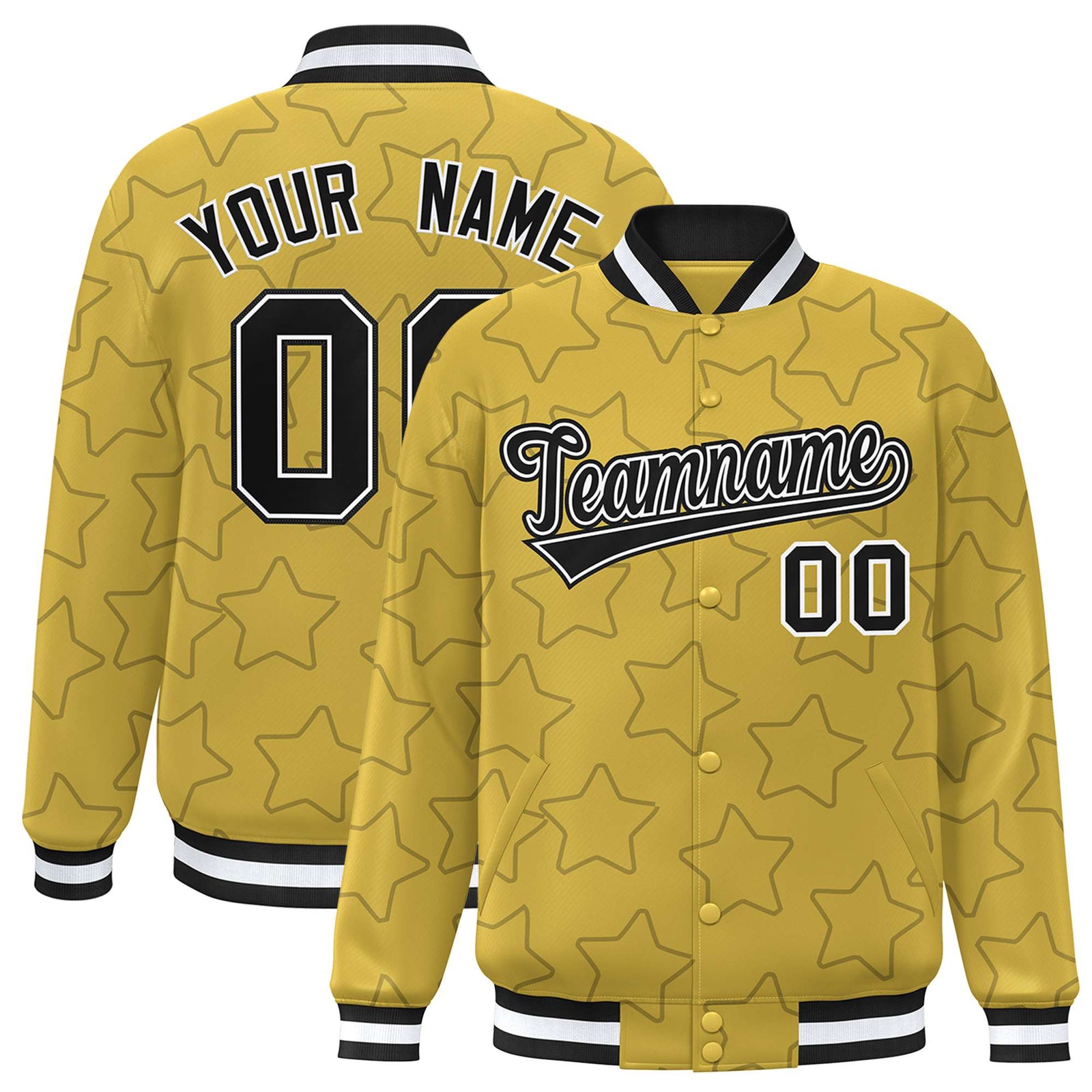 Custom Old Gold Black-White Varsity Full-Snap Star Pattern Letterman Baseball Jacket