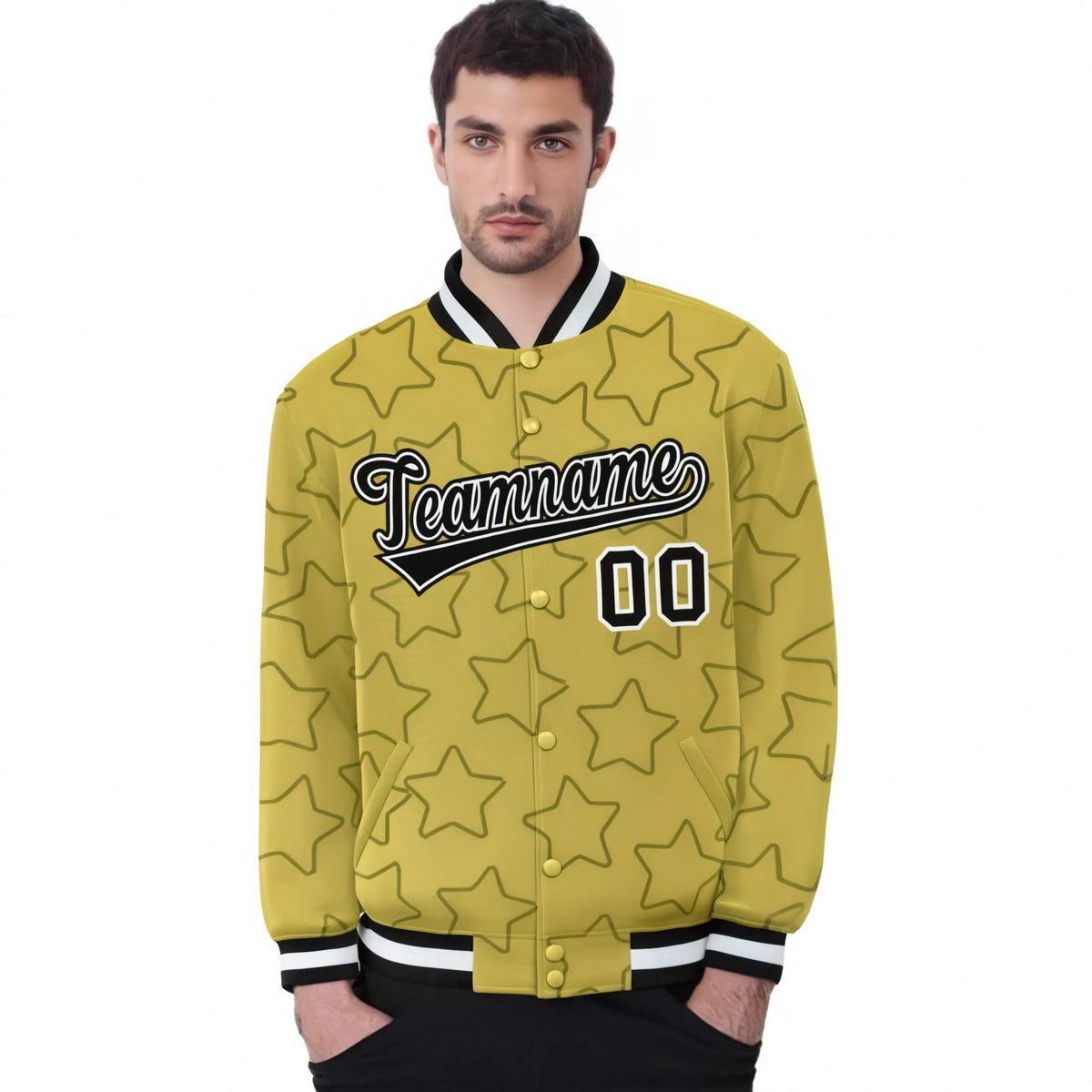 Custom Old Gold Black-White Varsity Full-Snap Star Pattern Letterman Baseball Jacket