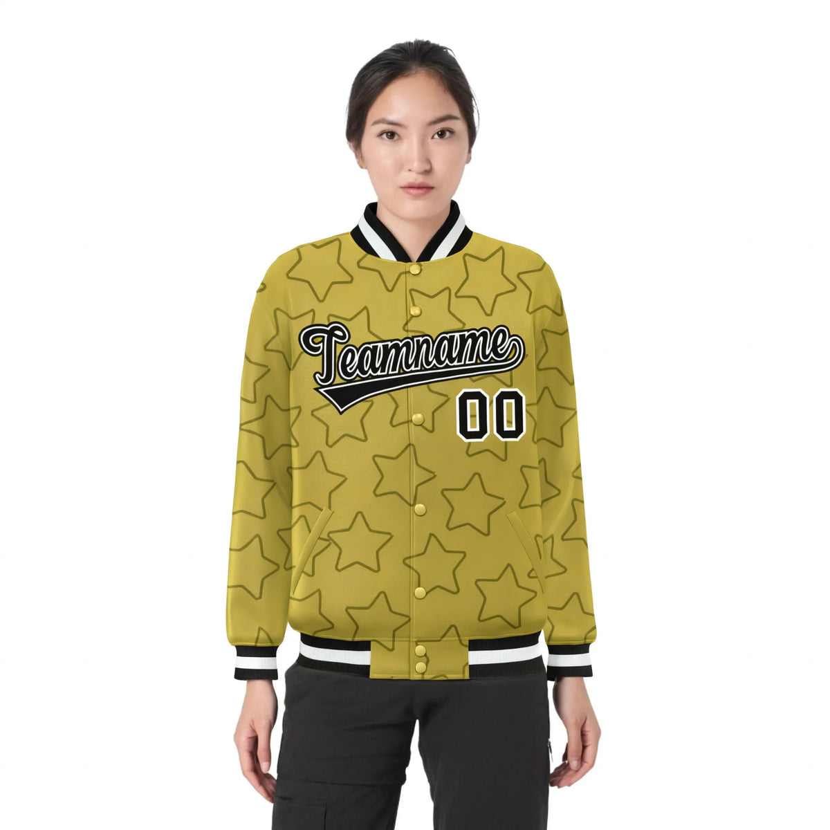Custom Old Gold Black-White Varsity Full-Snap Star Pattern Letterman Baseball Jacket