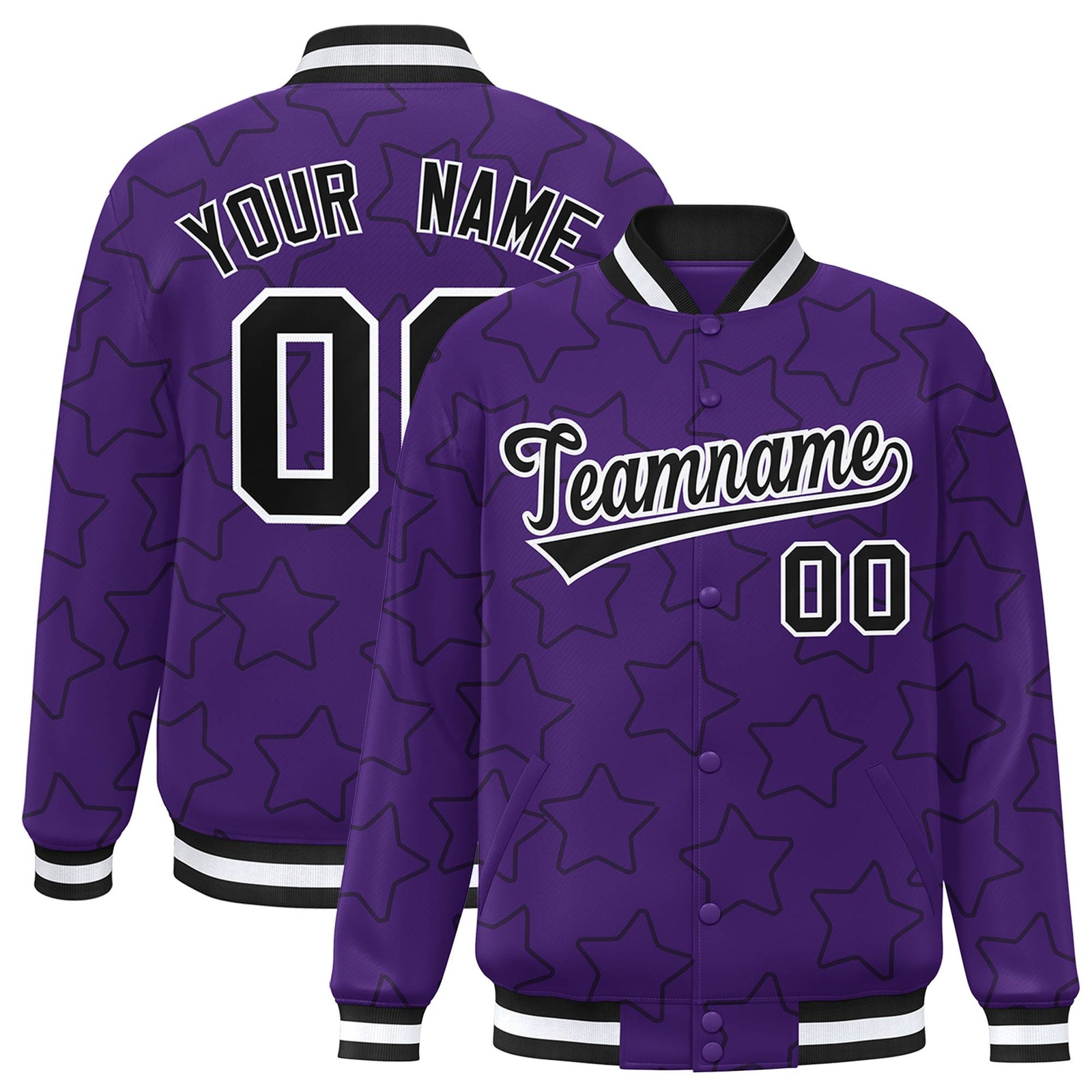 Custom Purple Black-White Varsity Full-Snap Star Pattern Letterman Baseball Jacket