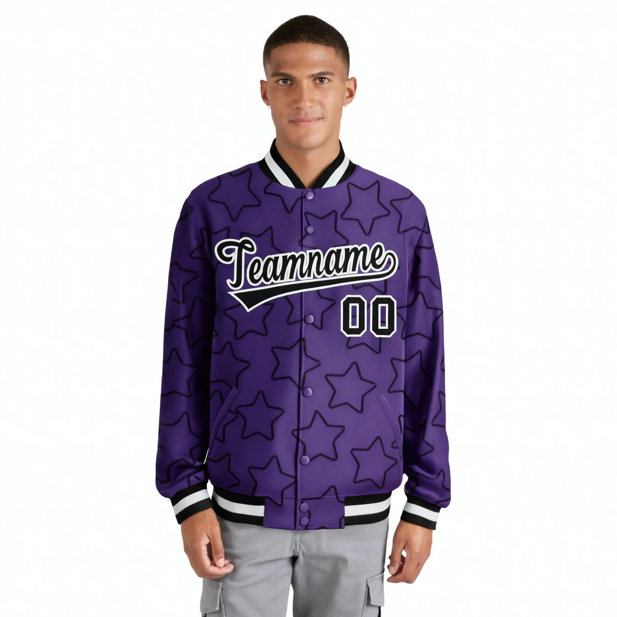 Custom Purple Black-White Varsity Full-Snap Star Pattern Letterman Baseball Jacket