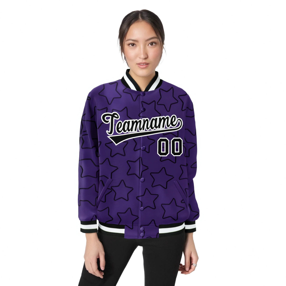 Custom Purple Black-White Varsity Full-Snap Star Pattern Letterman Baseball Jacket