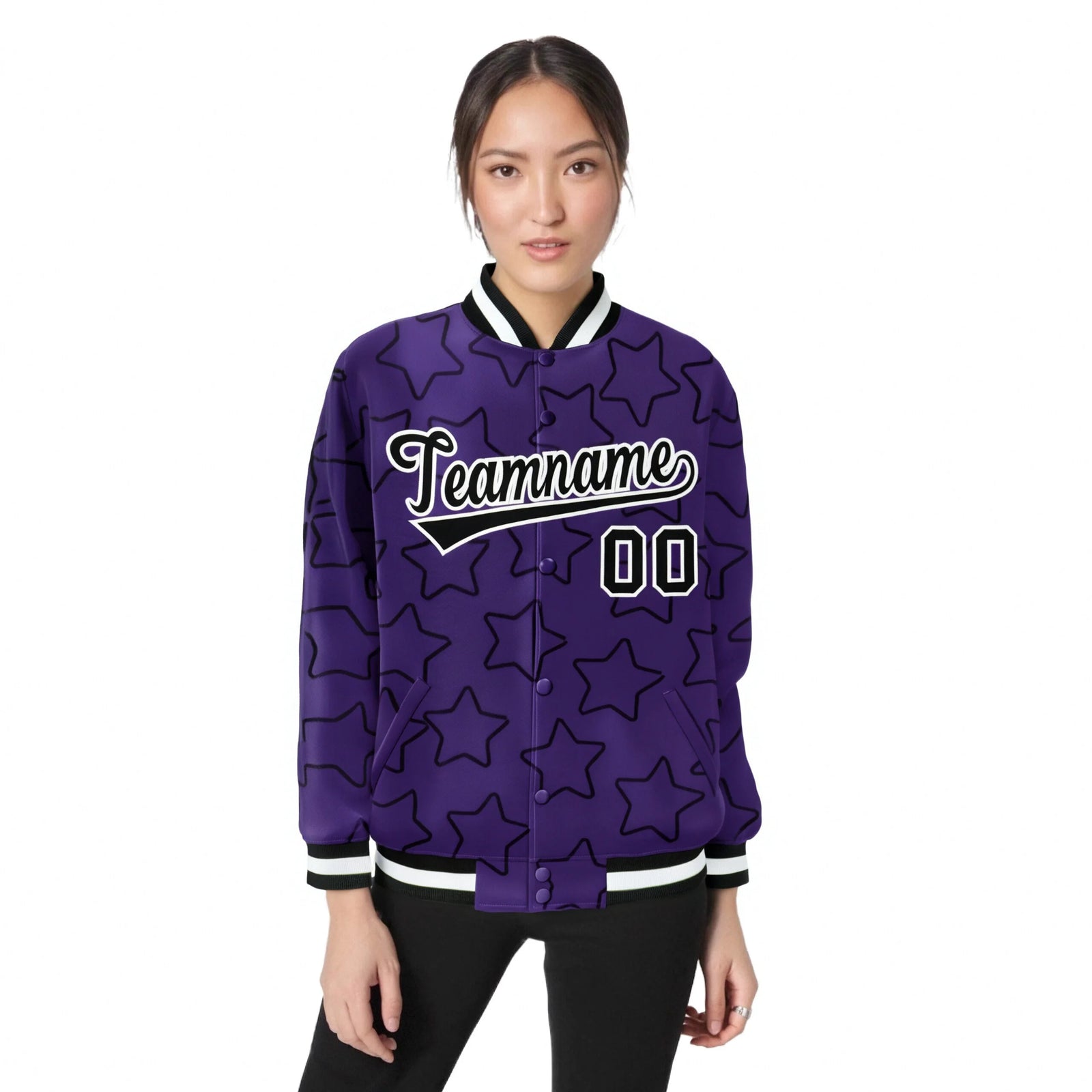 Custom Purple Black-White Varsity Full-Snap Star Pattern Letterman Baseball Jacket