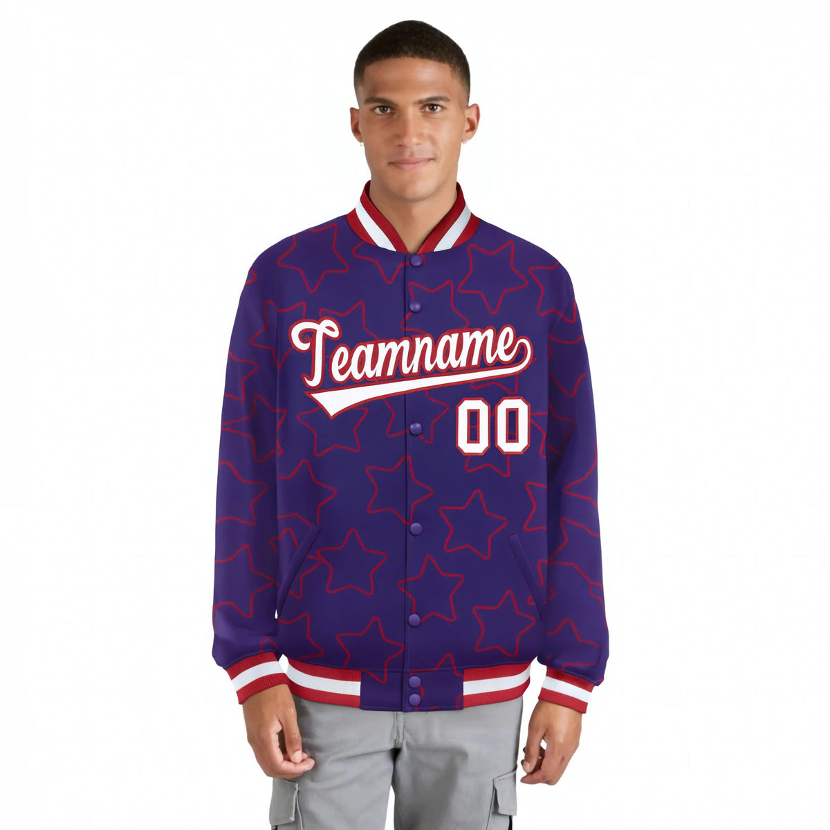 Custom Purple White-Red Varsity Full-Snap Star Pattern Letterman Baseball Jacket