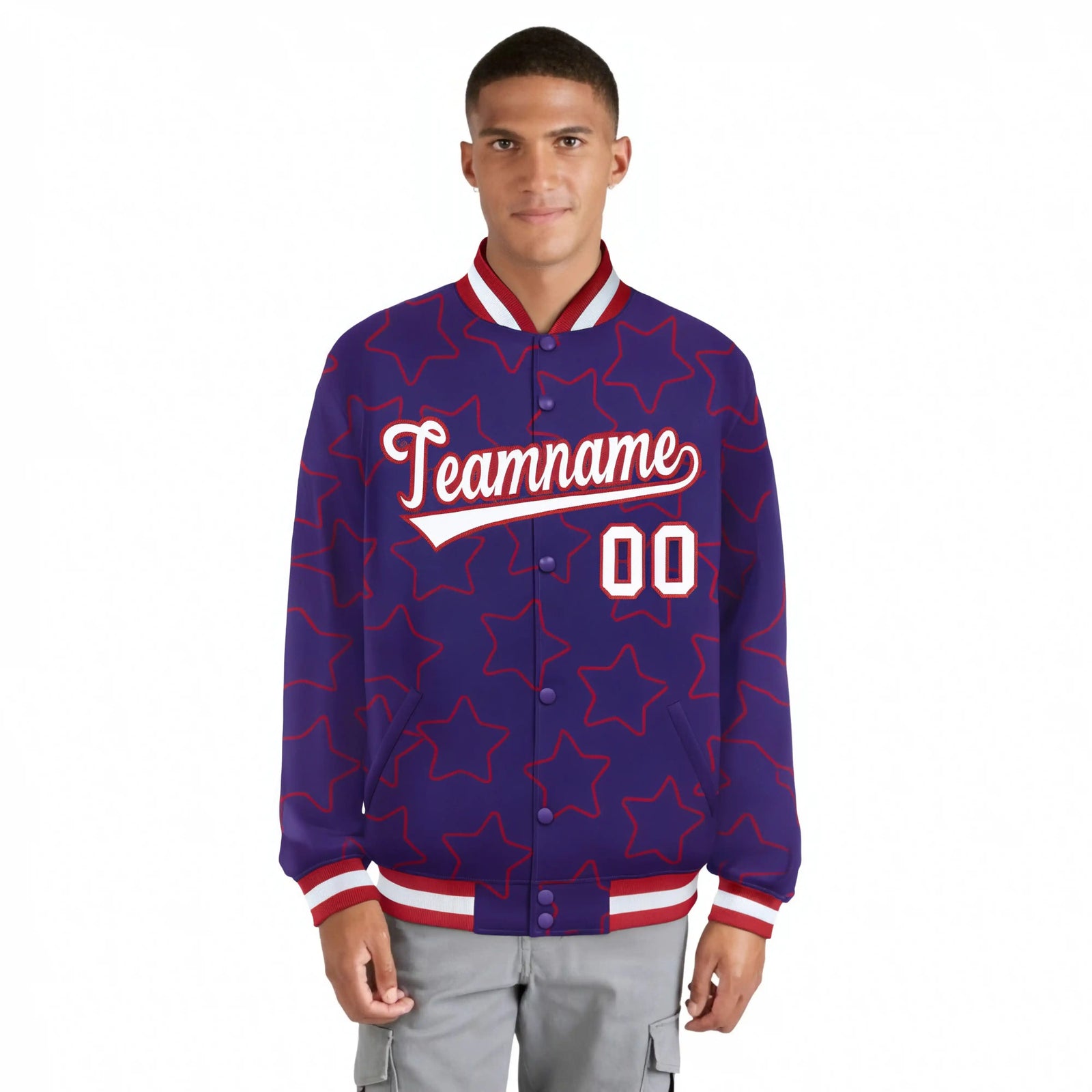 Custom Purple White-Red Varsity Full-Snap Star Pattern Letterman Baseball Jacket
