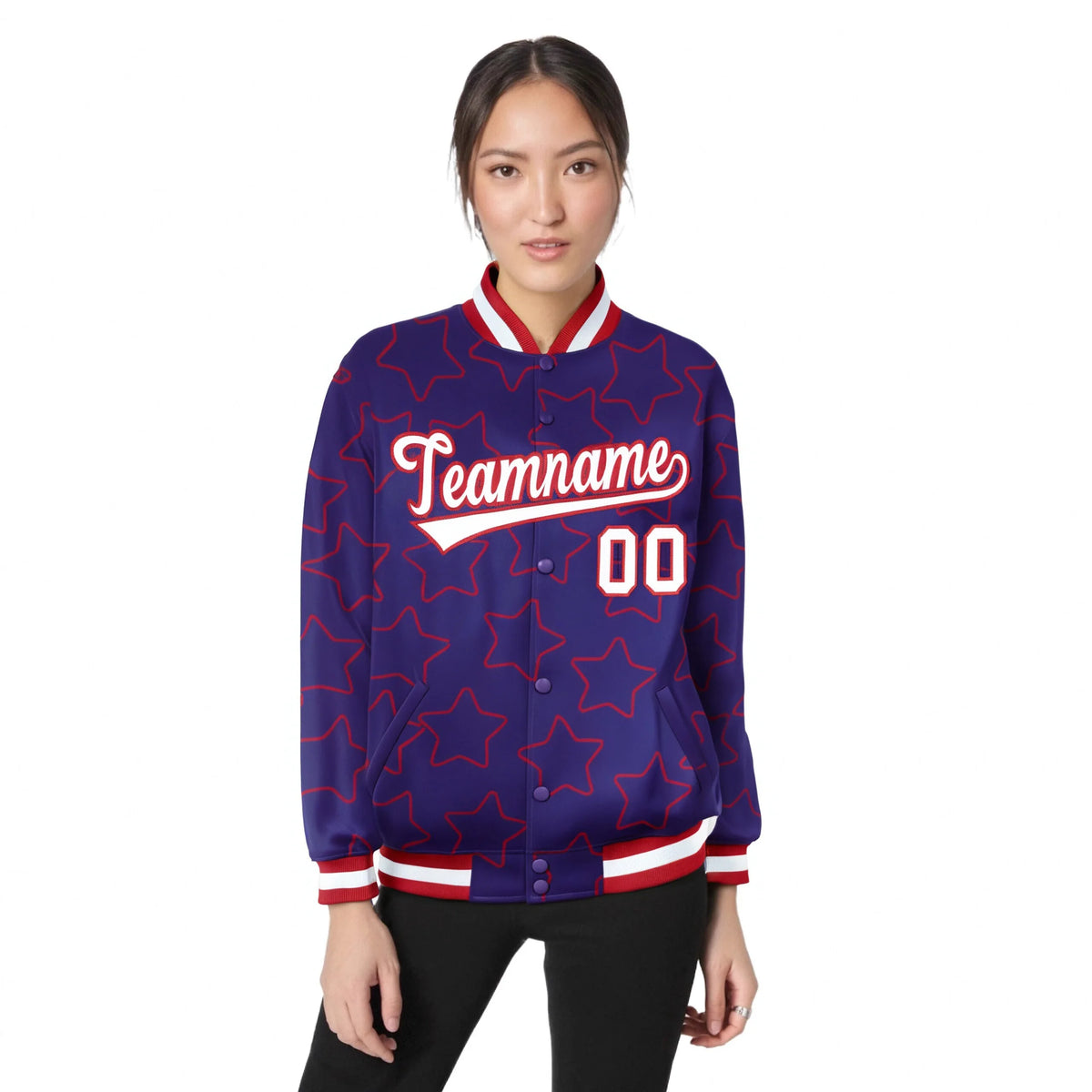 Custom Purple White-Red Varsity Full-Snap Star Pattern Letterman Baseball Jacket