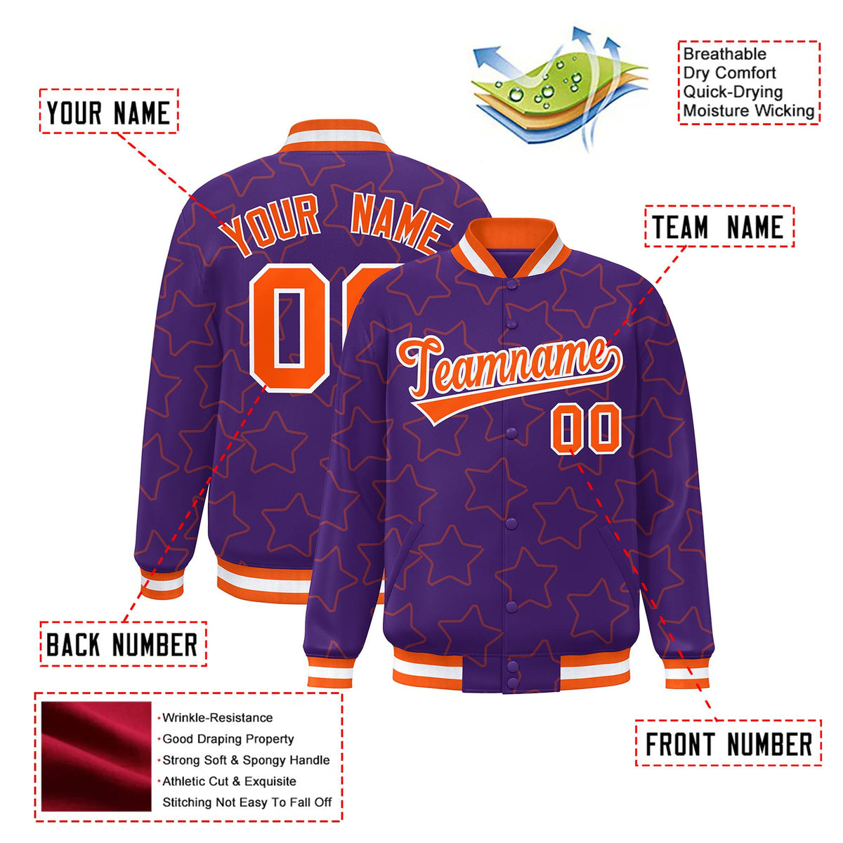 Custom Purple Orange-White Varsity Full-Snap Star Pattern Letterman Baseball Jacket