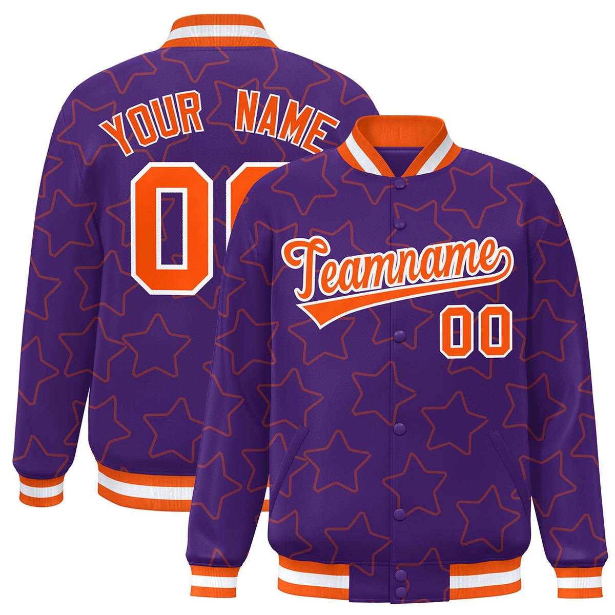 Custom Purple Orange-White Varsity Full-Snap Star Pattern Letterman Baseball Jacket