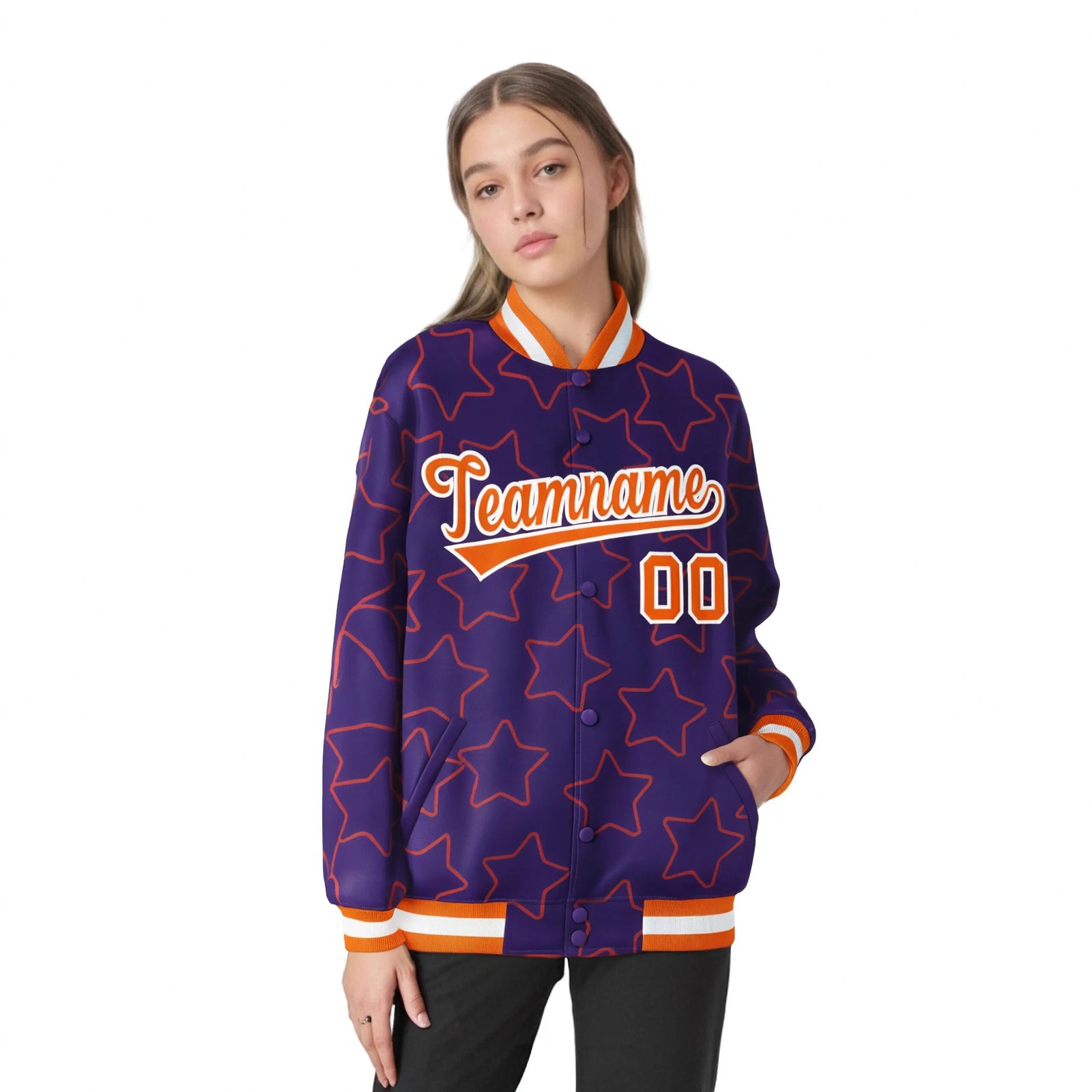 Custom Purple Orange-White Varsity Full-Snap Star Pattern Letterman Baseball Jacket