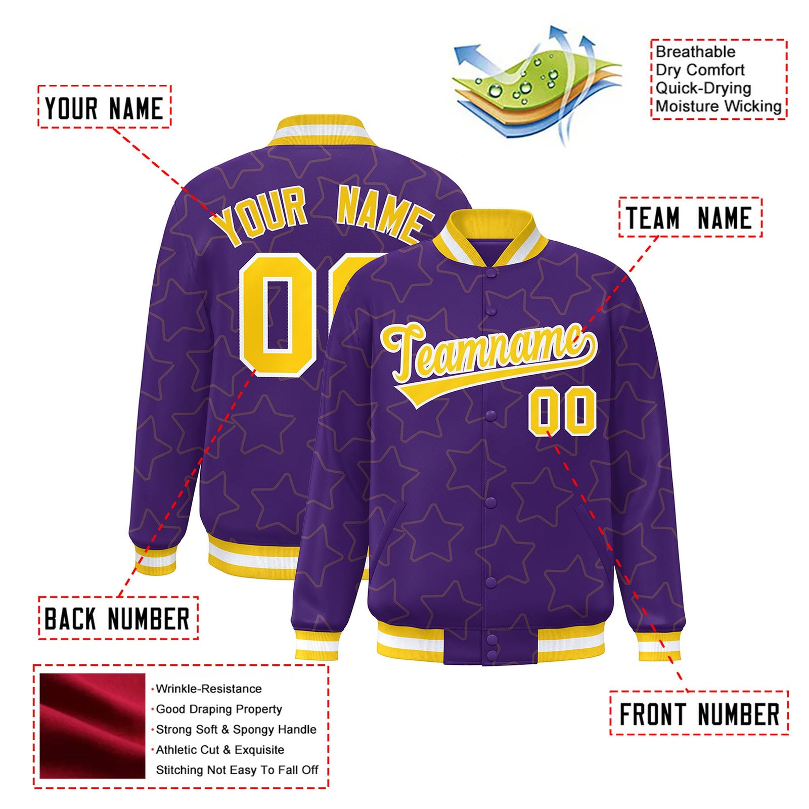 Custom Purple Gold-White Varsity Full-Snap Star Pattern Letterman Baseball Jacket