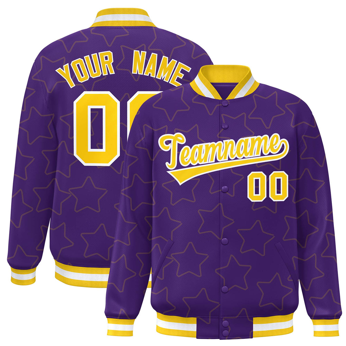 Custom Purple Gold-White Varsity Full-Snap Star Pattern Letterman Baseball Jacket