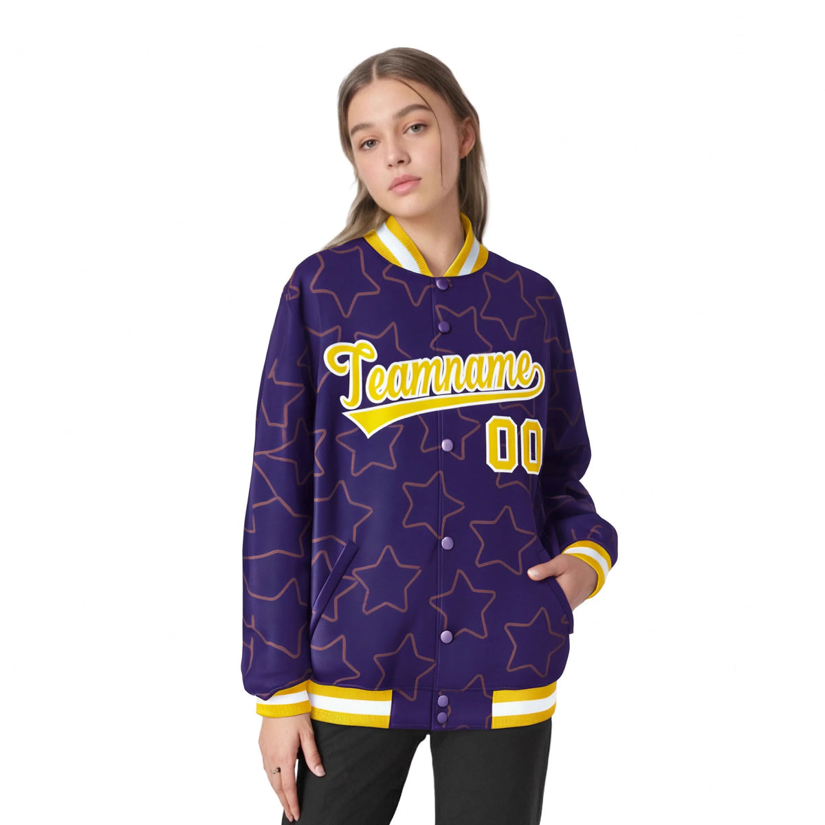 Custom Purple Gold-White Varsity Full-Snap Star Pattern Letterman Baseball Jacket