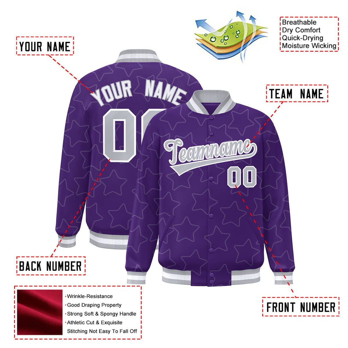 Custom Purple Gray-White Varsity Full-Snap Star Pattern Letterman Baseball Jacket