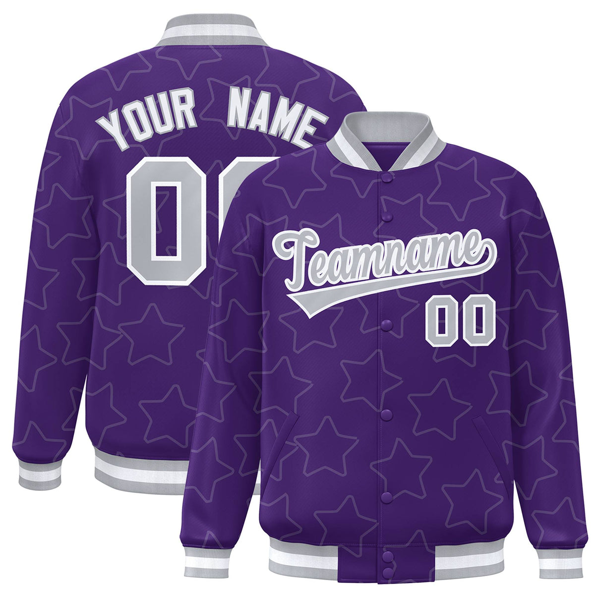Custom Purple Gray-White Varsity Full-Snap Star Pattern Letterman Baseball Jacket