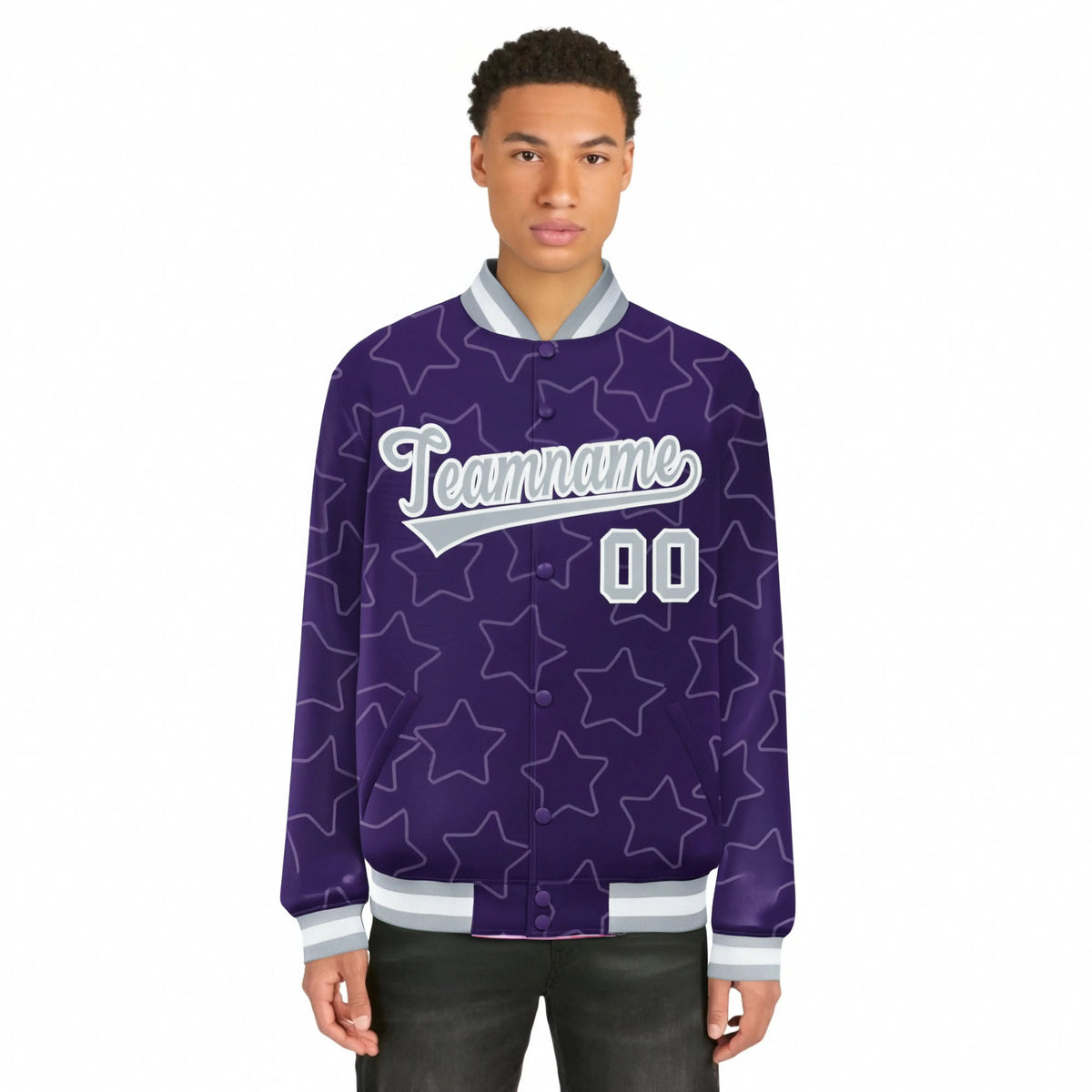Custom Purple Gray-White Varsity Full-Snap Star Pattern Letterman Baseball Jacket