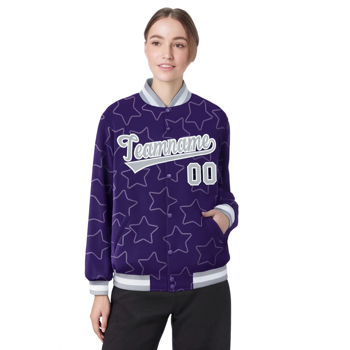 Custom Purple Gray-White Varsity Full-Snap Star Pattern Letterman Baseball Jacket