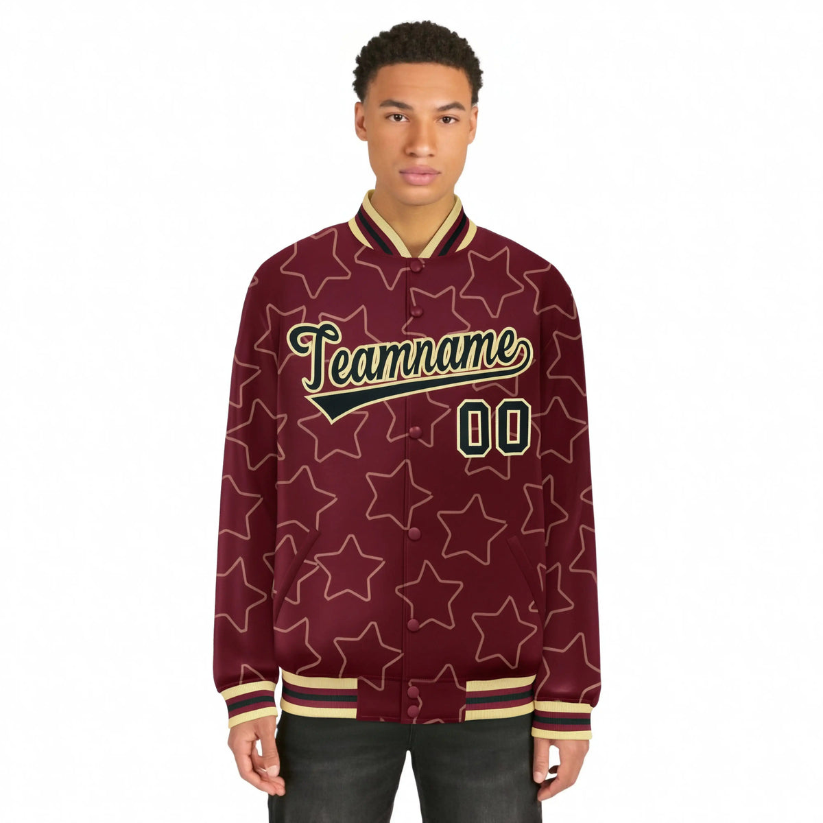 Custom Crimson Black-Old-Gold Varsity Full-Snap Star Pattern Letterman Baseball Jacket