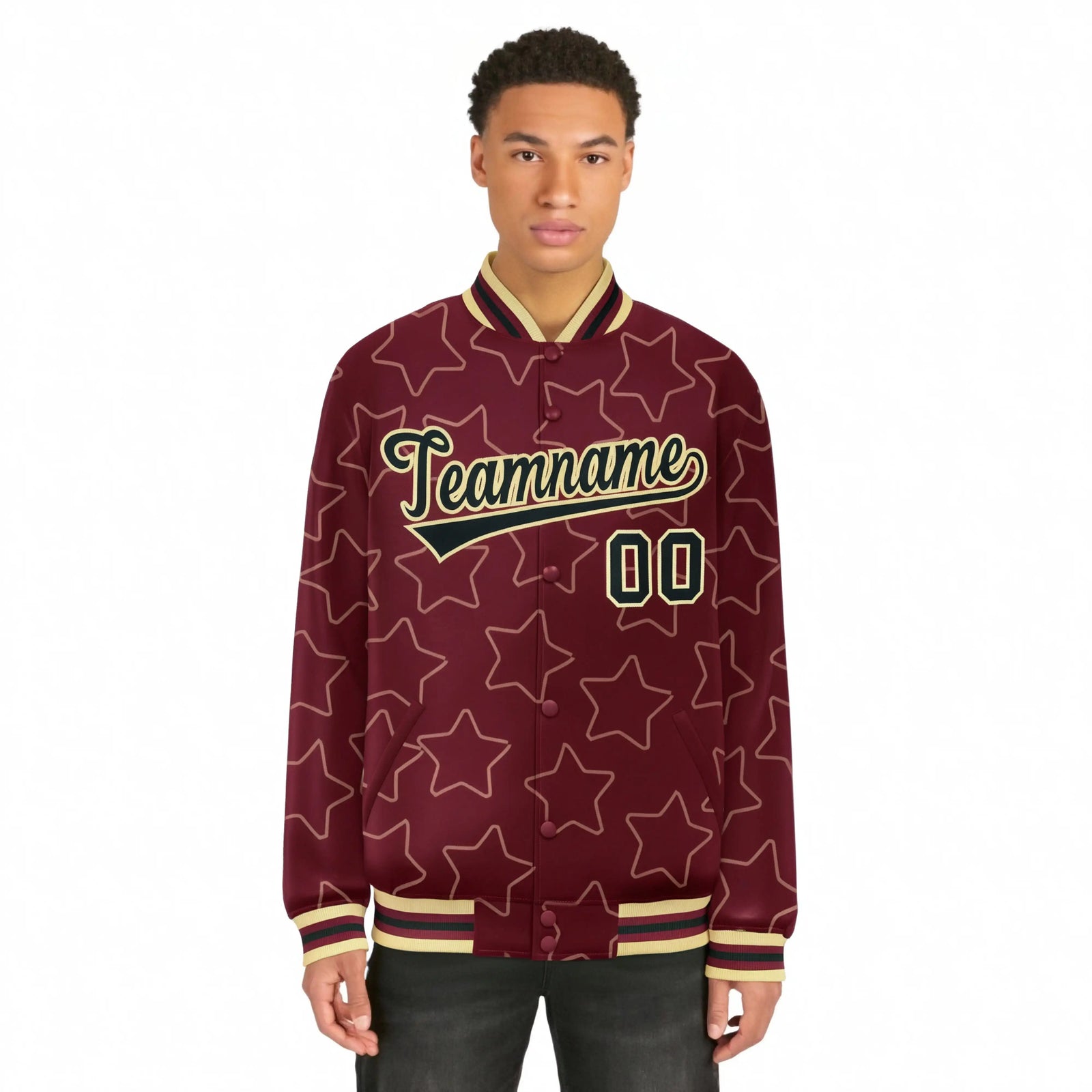 Custom Crimson Black-Old-Gold Varsity Full-Snap Star Pattern Letterman Baseball Jacket