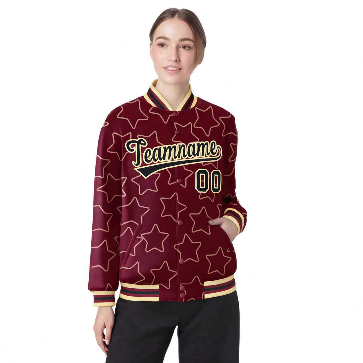 Custom Crimson Black-Old-Gold Varsity Full-Snap Star Pattern Letterman Baseball Jacket