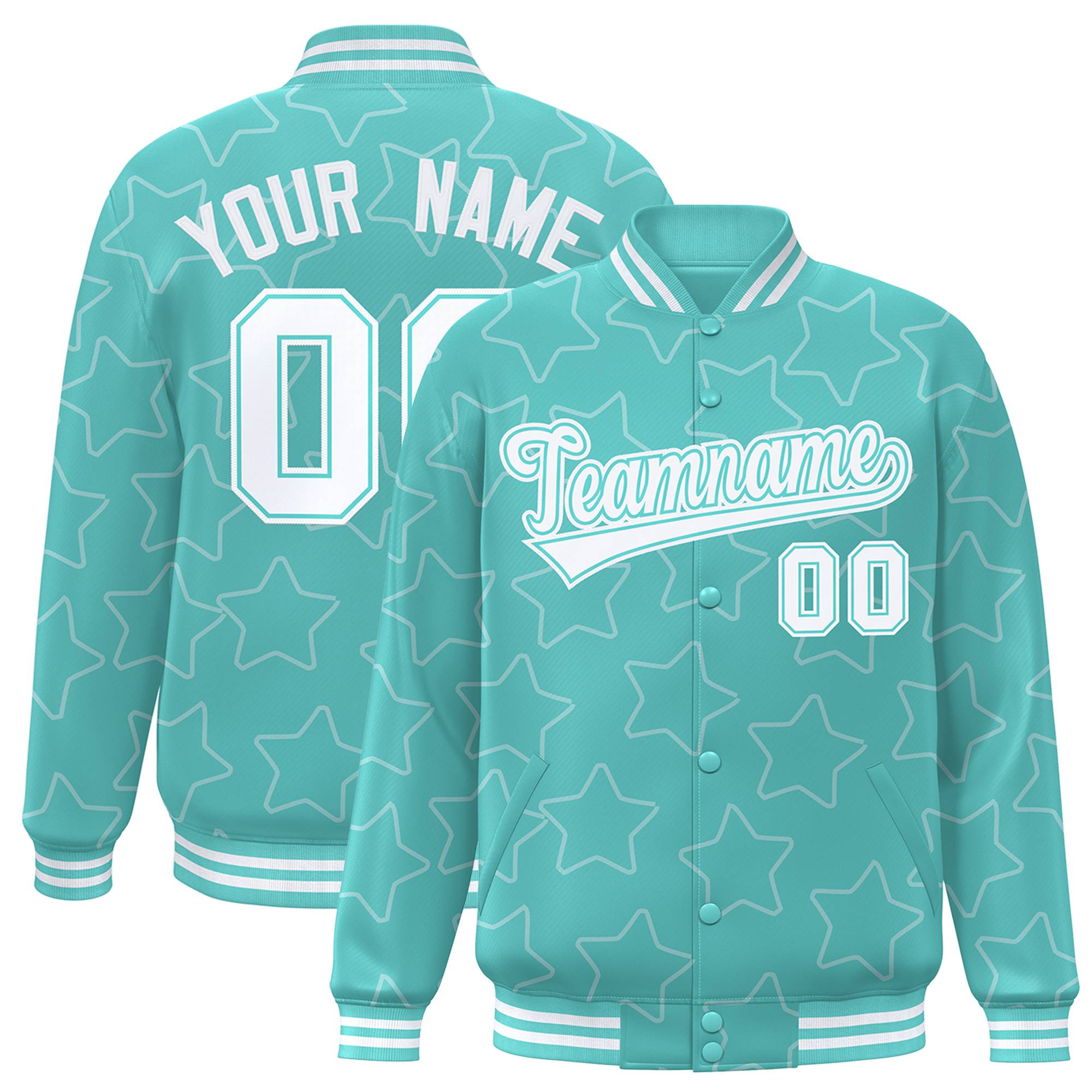 Custom Aqua White Varsity Full-Snap Star Pattern Letterman Baseball Jacket