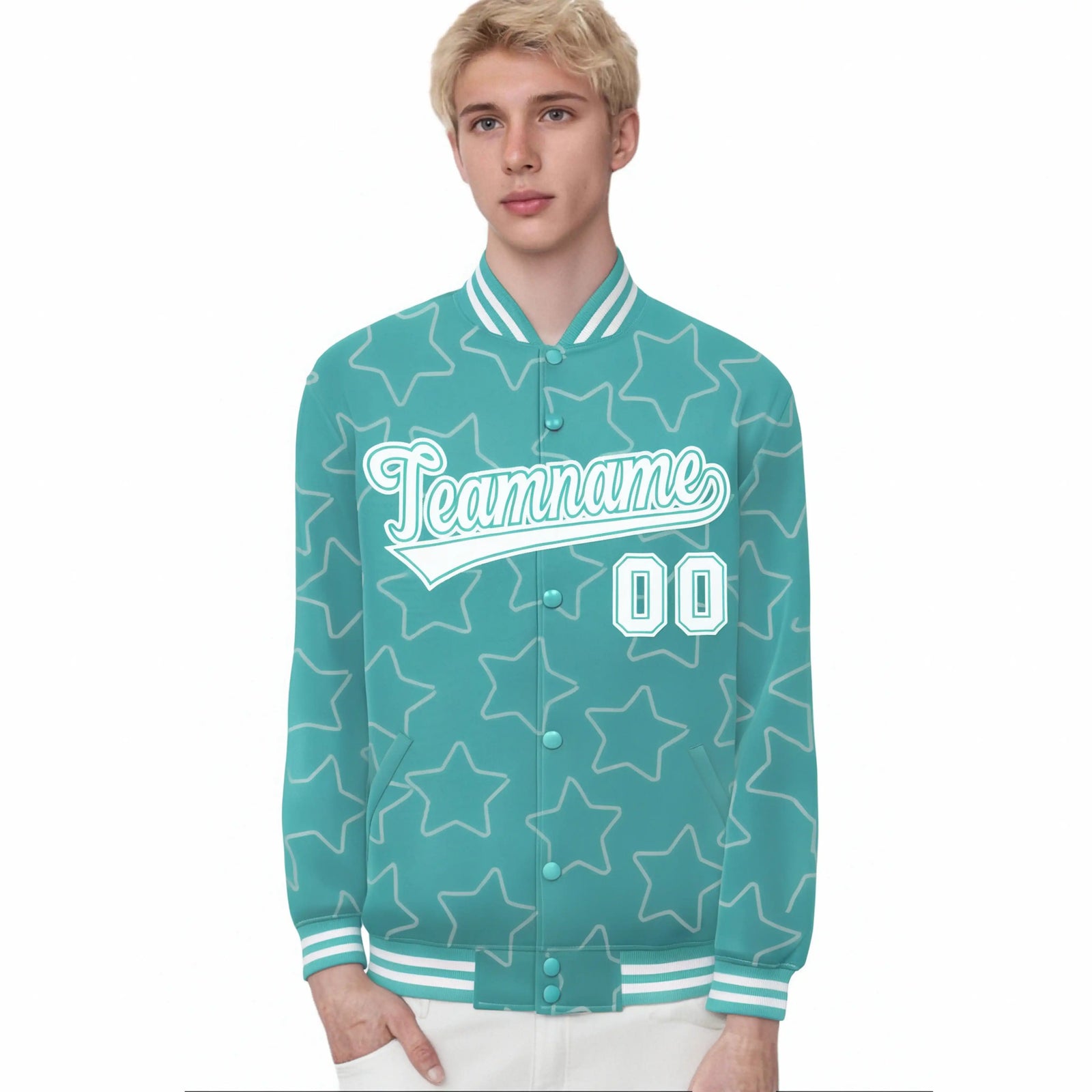 Custom Aqua White Varsity Full-Snap Star Pattern Letterman Baseball Jacket