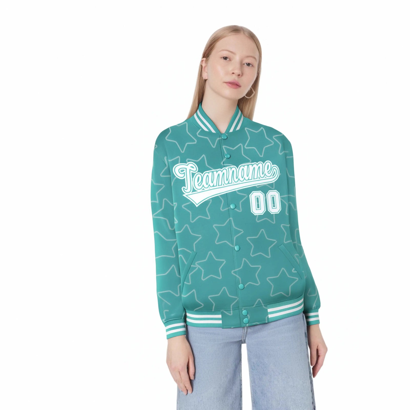 Custom Aqua White Varsity Full-Snap Star Pattern Letterman Baseball Jacket