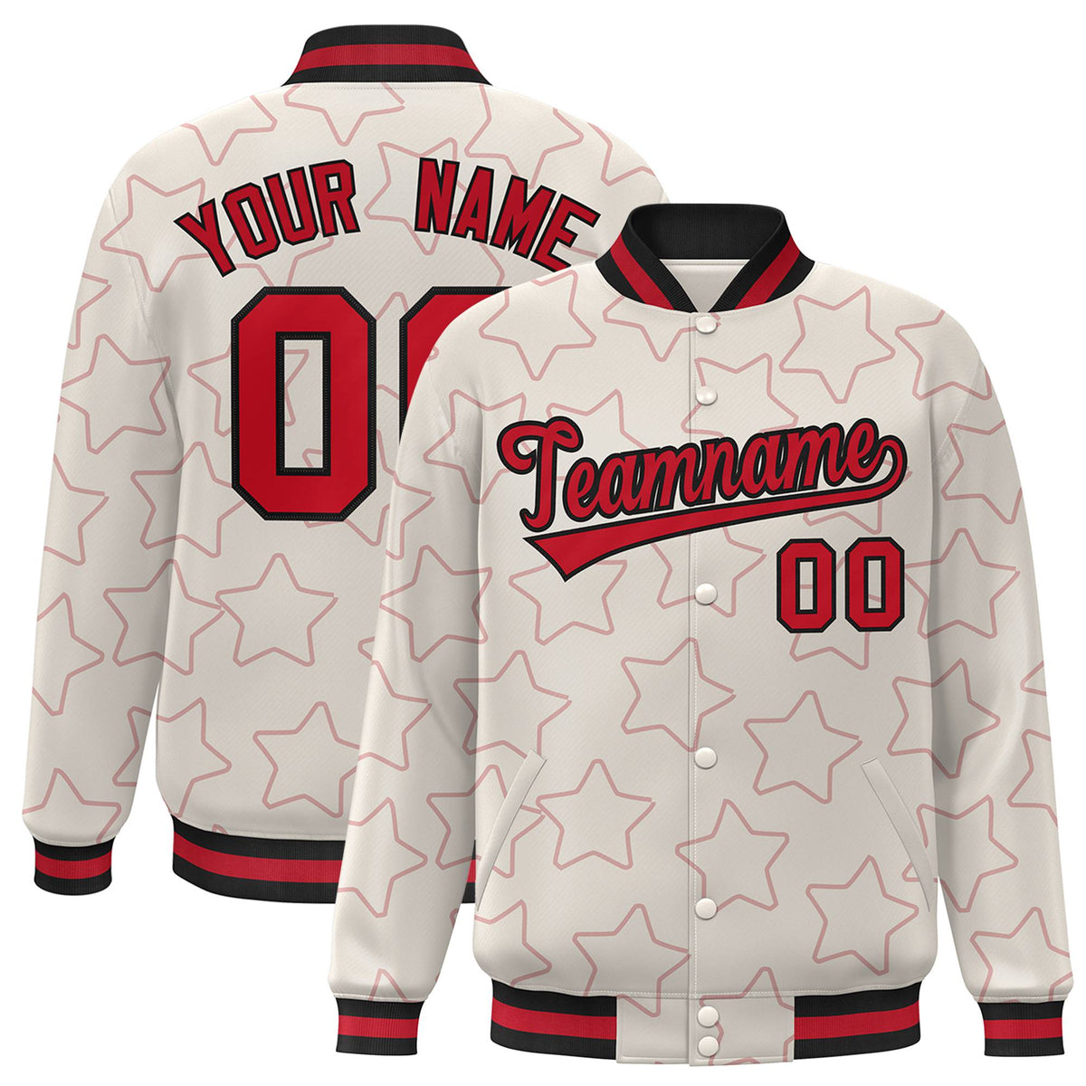 Custom Cream Red-Black Varsity Full-Snap Star Pattern Letterman Baseball Jacket