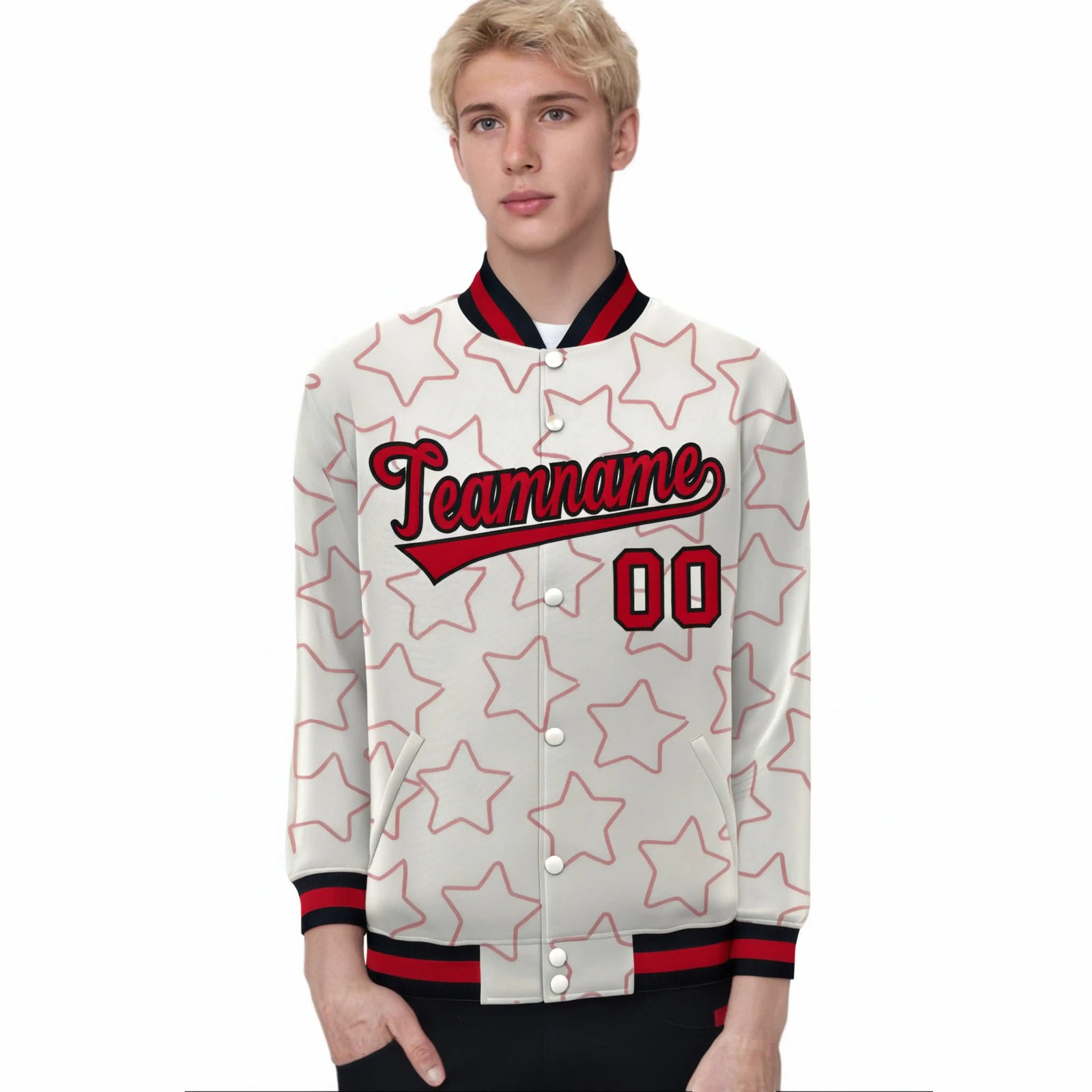 Custom Cream Red-Black Varsity Full-Snap Star Pattern Letterman Baseball Jacket