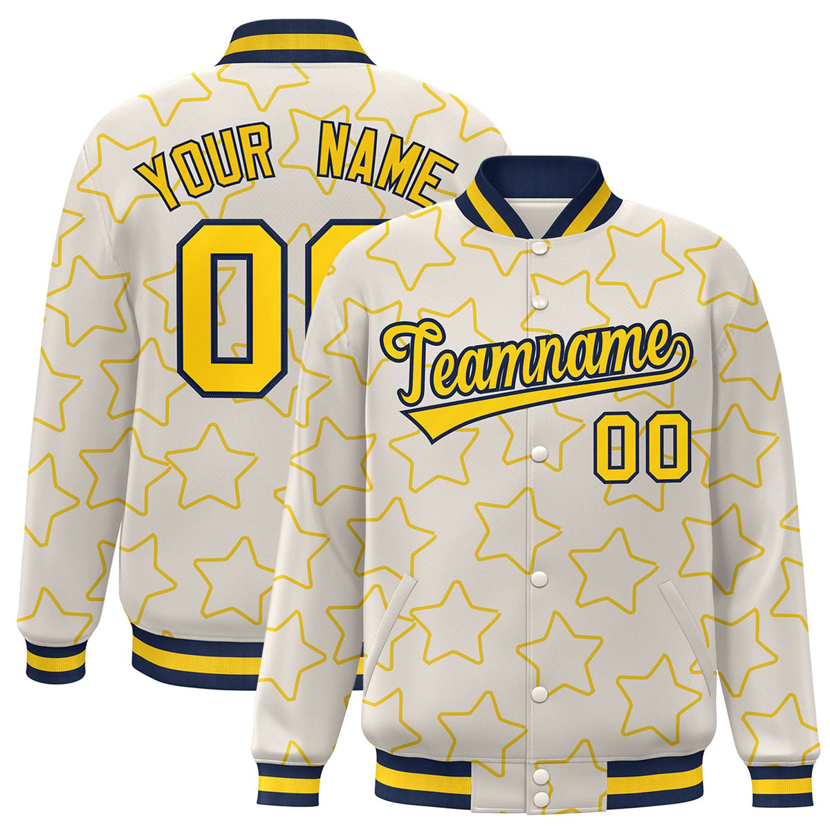 Custom Cream Gold-Navy Varsity Full-Snap Star Pattern Letterman Baseball Jacket