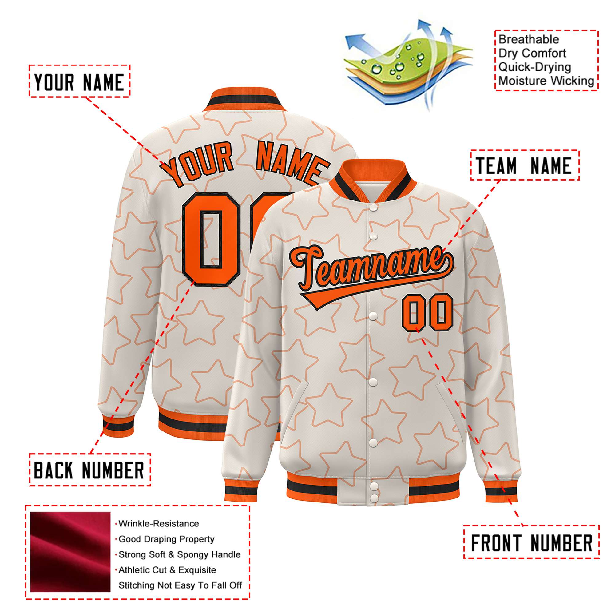 Custom Cream Orange-Black Varsity Full-Snap Star Pattern Letterman Baseball Jacket