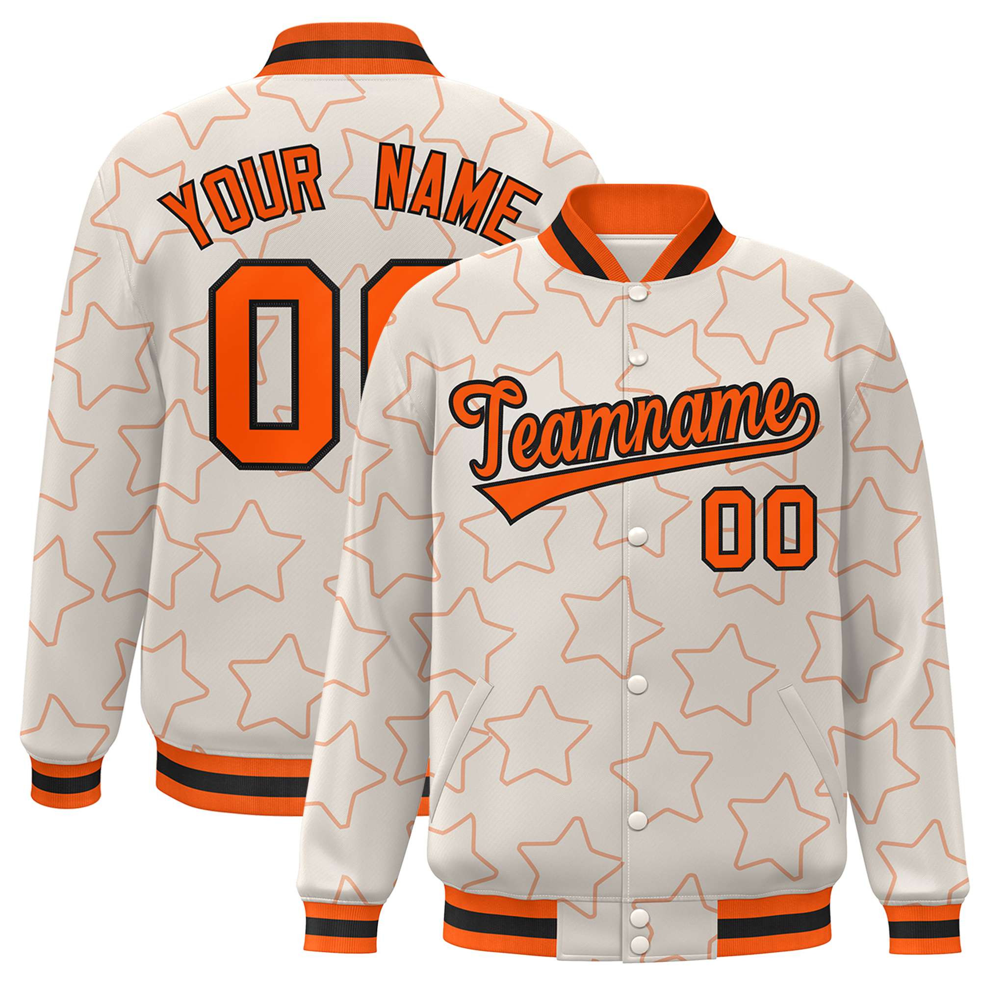 Custom Cream Orange-Black Varsity Full-Snap Star Pattern Letterman Baseball Jacket