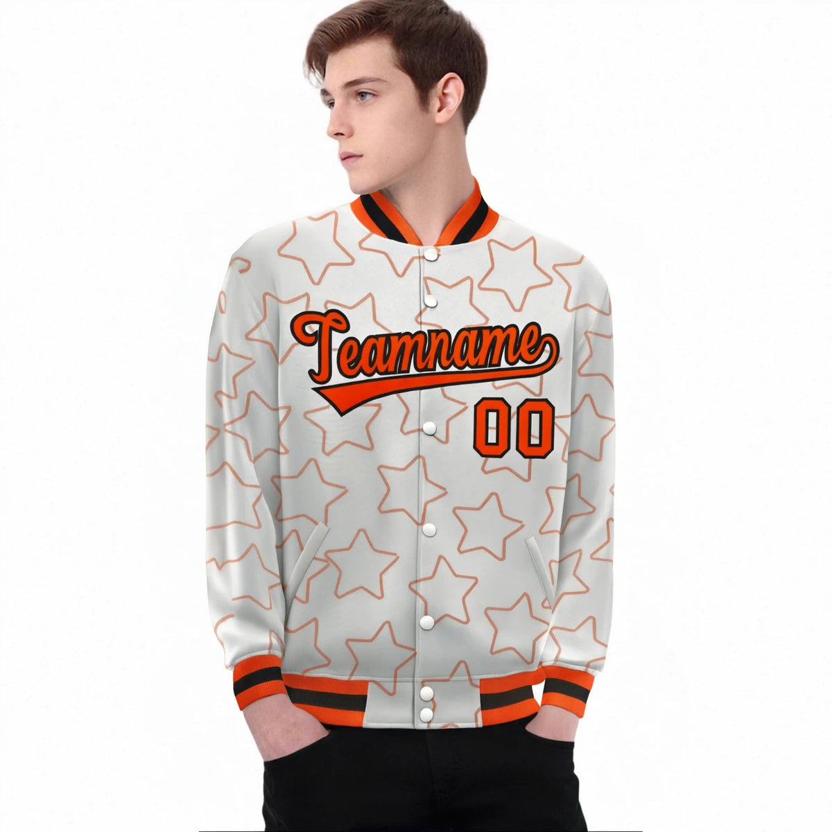 Custom Cream Orange-Black Varsity Full-Snap Star Pattern Letterman Baseball Jacket