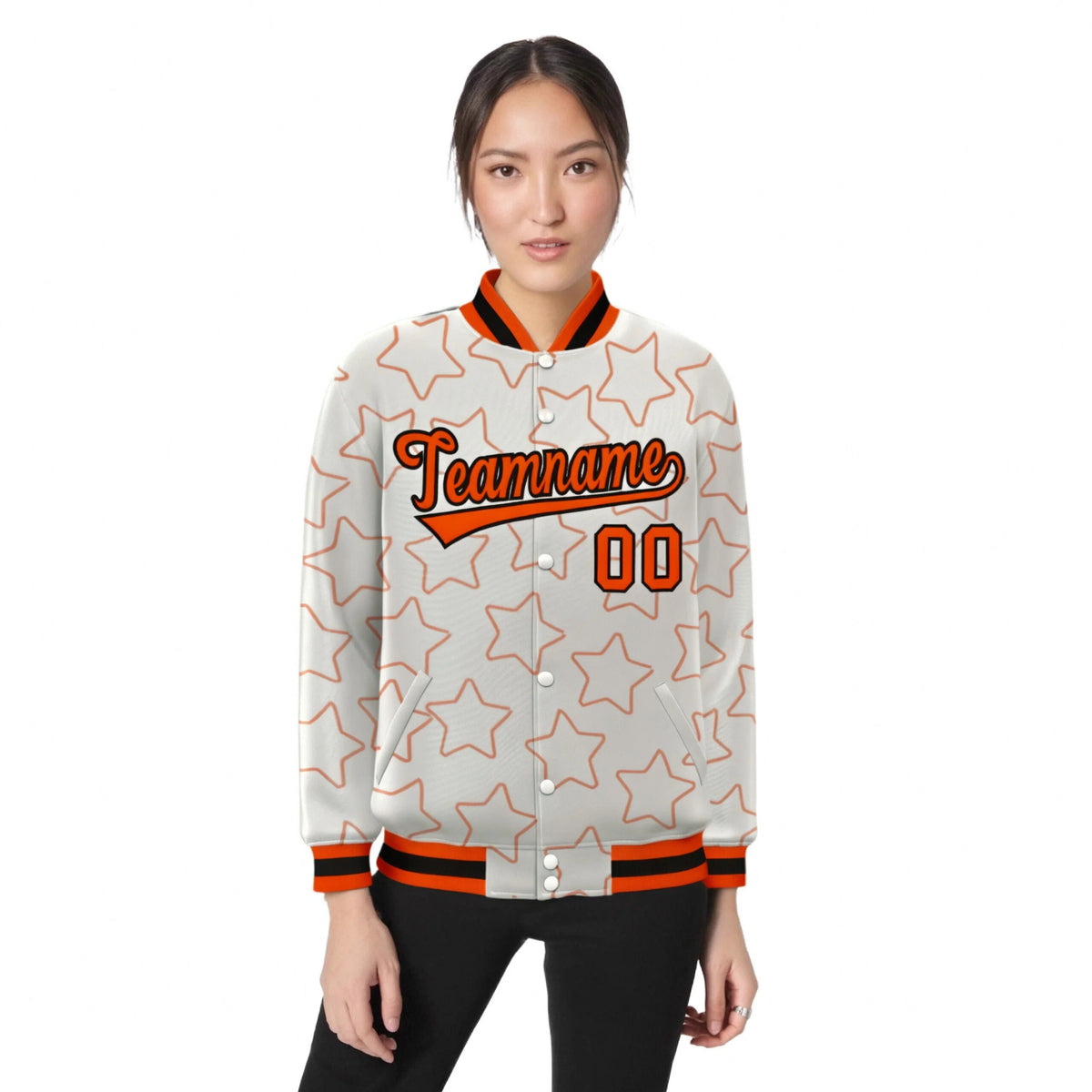 Custom Cream Orange-Black Varsity Full-Snap Star Pattern Letterman Baseball Jacket