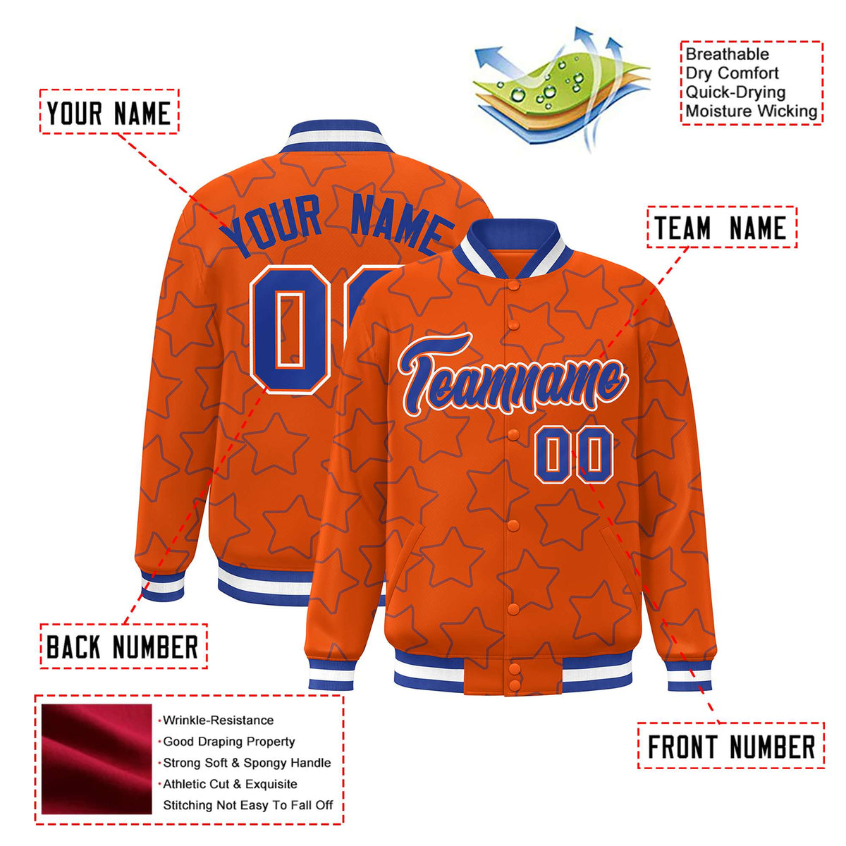 Custom Orange-Royal Blue Varsity Full-Snap Star Pattern Letterman Baseball Jacket