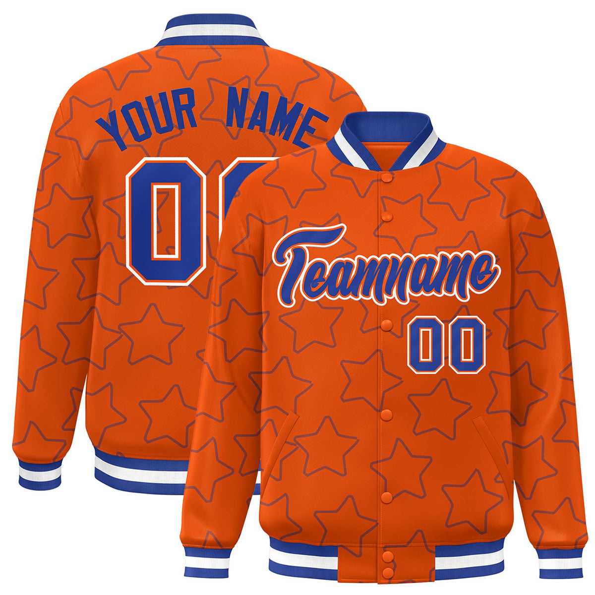 Custom Orange-Royal Blue Varsity Full-Snap Star Pattern Letterman Baseball Jacket