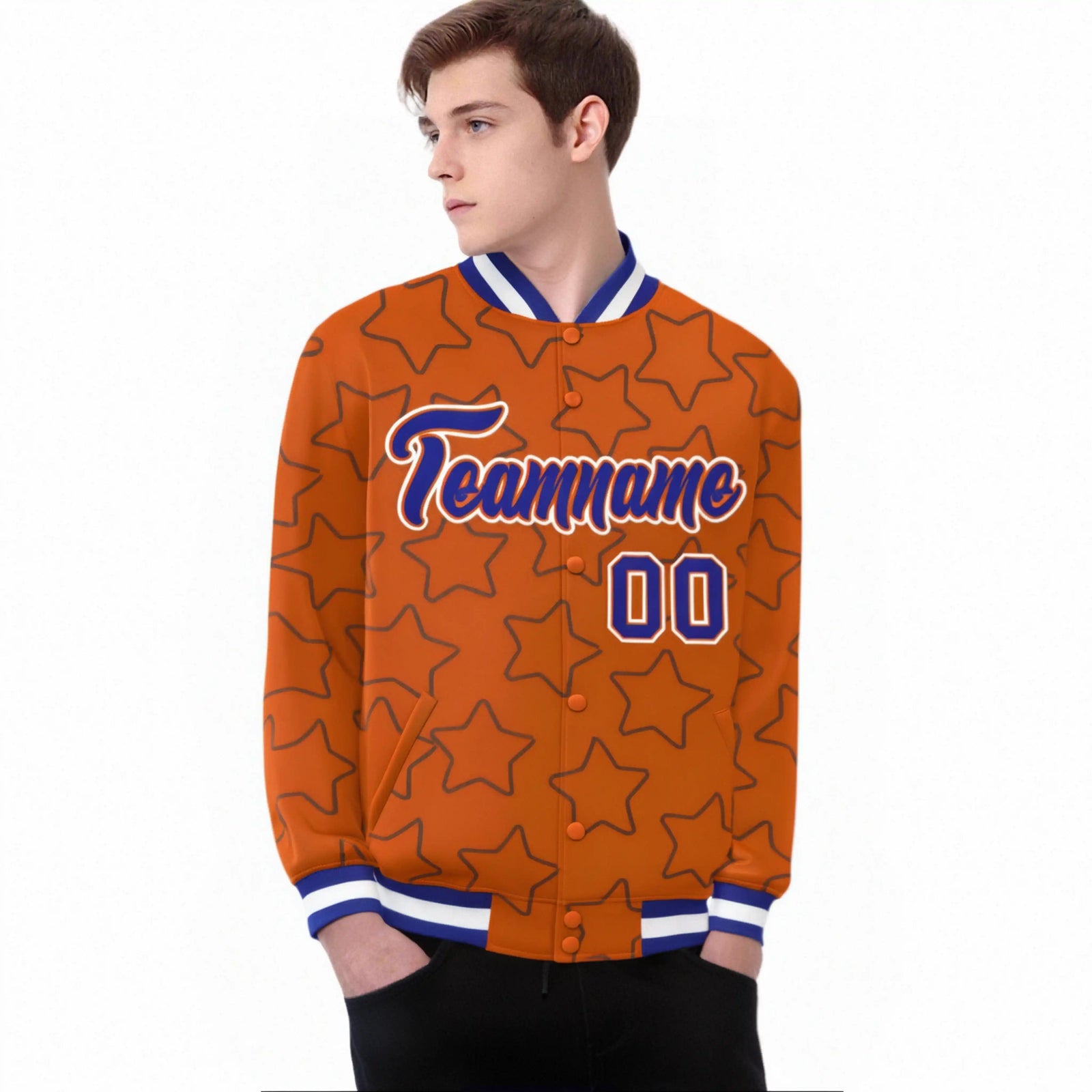 Custom Orange-Royal Blue Varsity Full-Snap Star Pattern Letterman Baseball Jacket