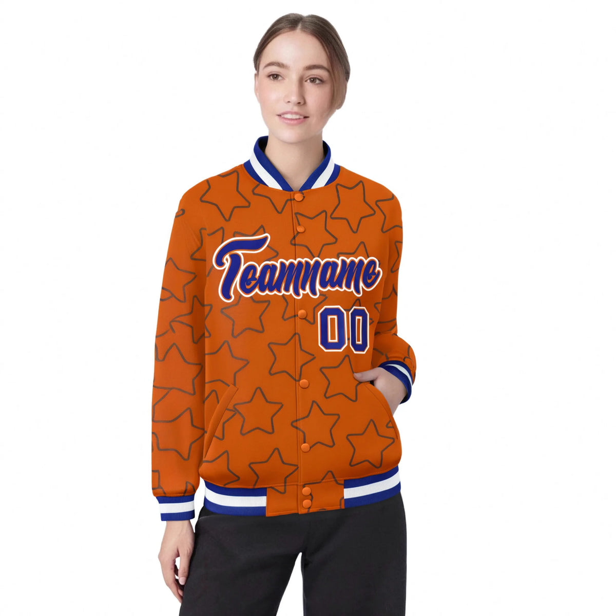 Custom Orange-Royal Blue Varsity Full-Snap Star Pattern Letterman Baseball Jacket
