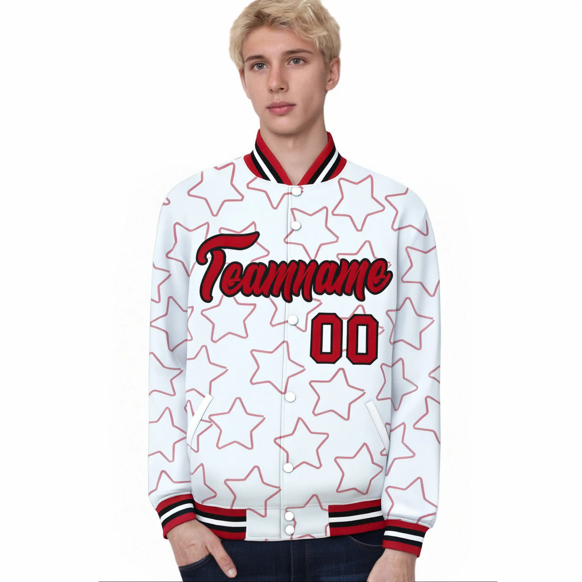 Custom White Red Varsity Full-Snap Star Pattern Letterman Baseball Jacket