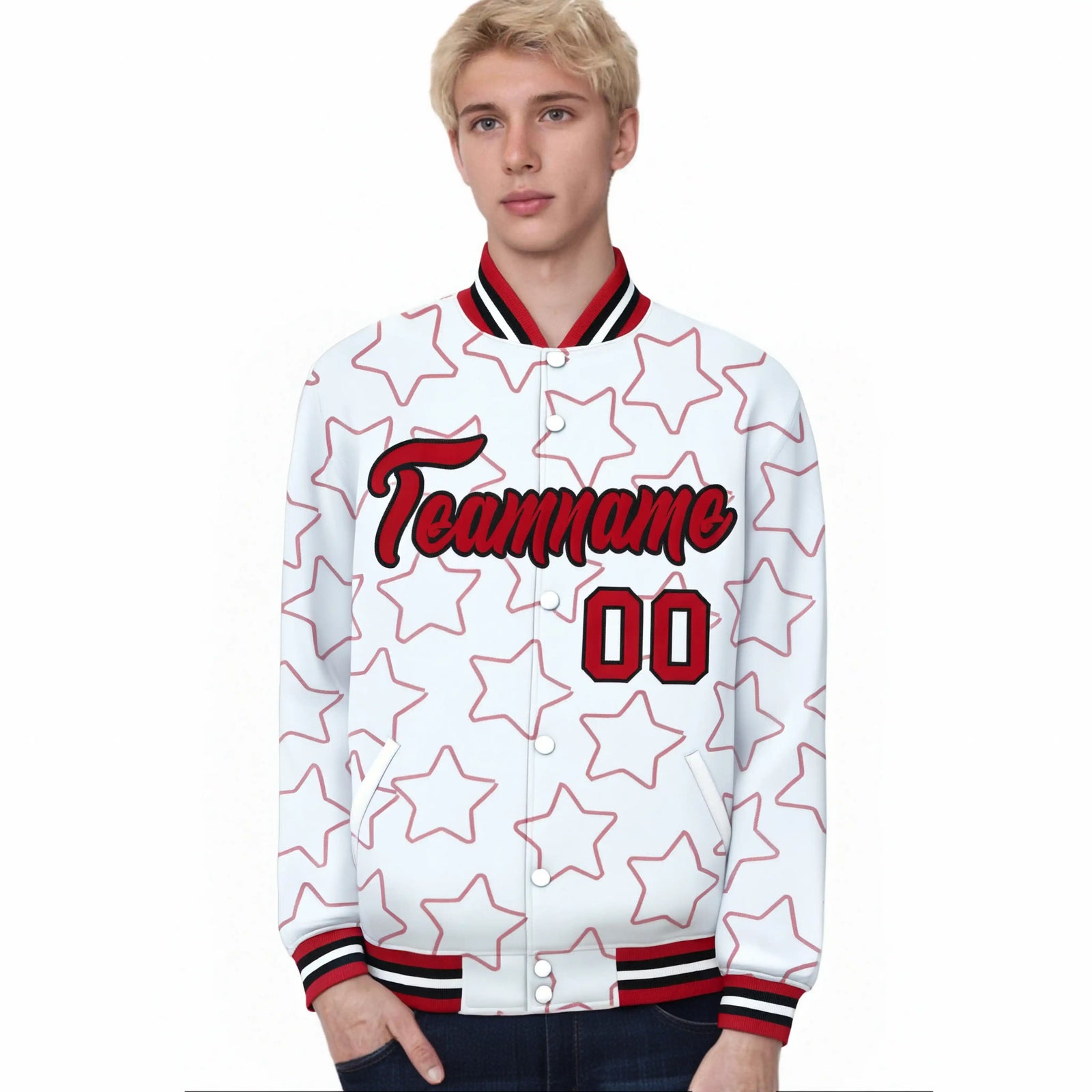 Custom White Red Varsity Full-Snap Star Pattern Letterman Baseball Jacket