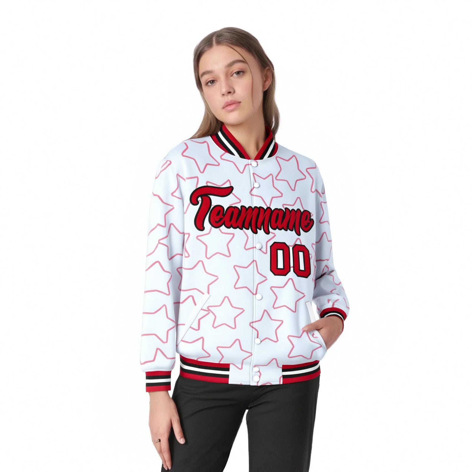 Custom White Red Varsity Full-Snap Star Pattern Letterman Baseball Jacket