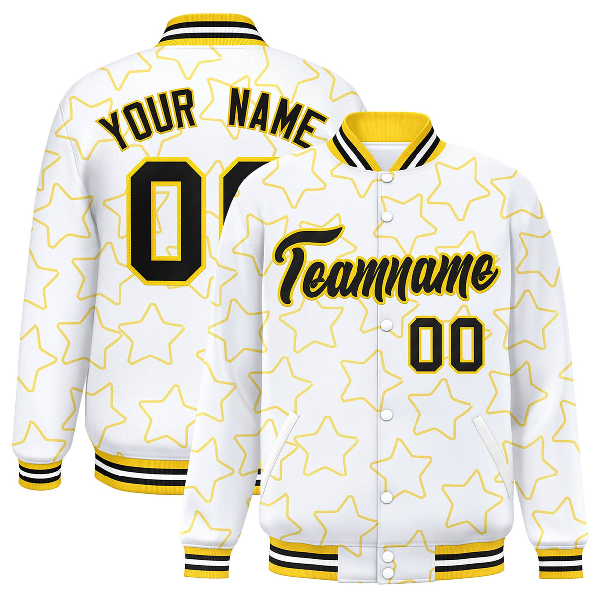 Custom White Black Varsity Full-Snap Star Pattern Letterman Baseball Jacket